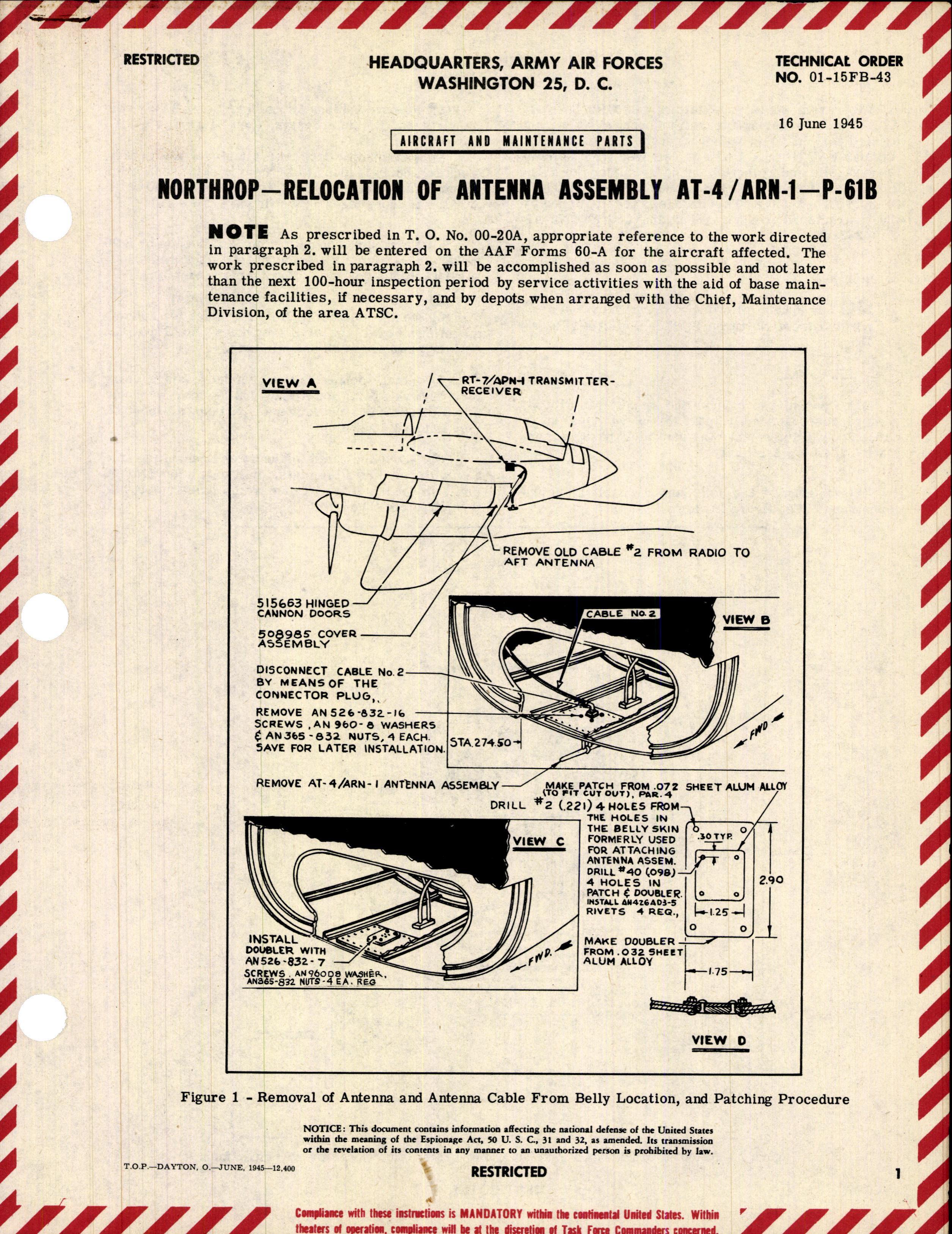 Sample page 1 from AirCorps Library document: Relocation of Antenna Assembly AT-4 / ARN-1 for P-61B