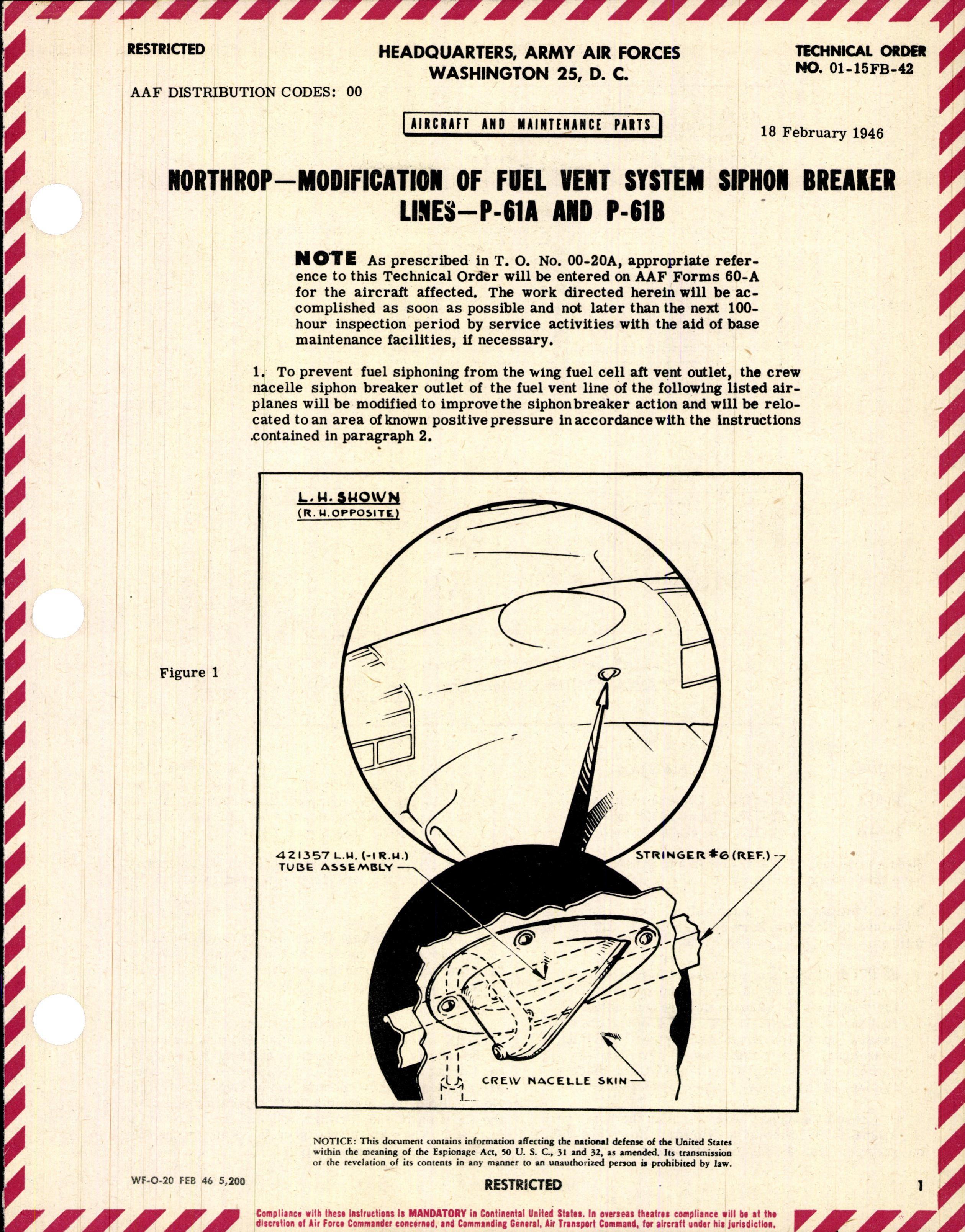 Sample page 1 from AirCorps Library document: Modification of Fuel Vent System Siphon Breaker Lines for P-61A and P-61B