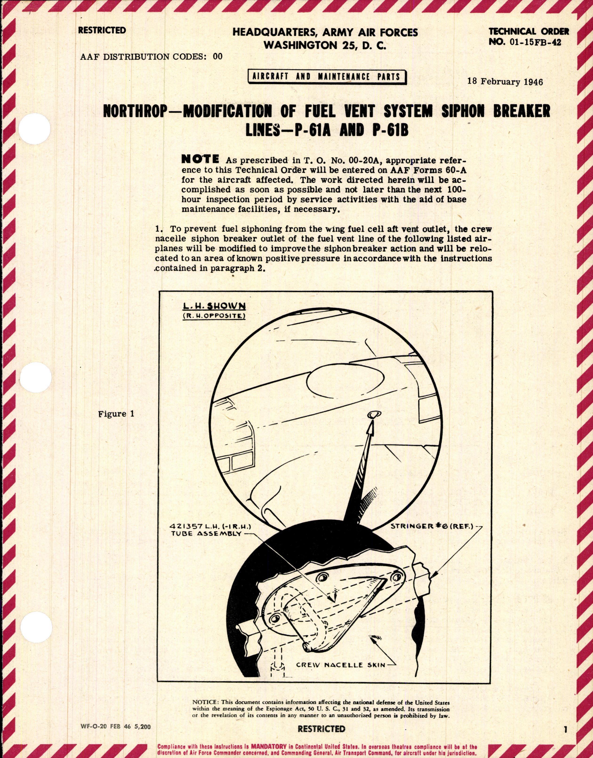 Sample page 1 from AirCorps Library document: Modification of Fuel Vent System Siphon Breaker Lines for P-61A and P-61B