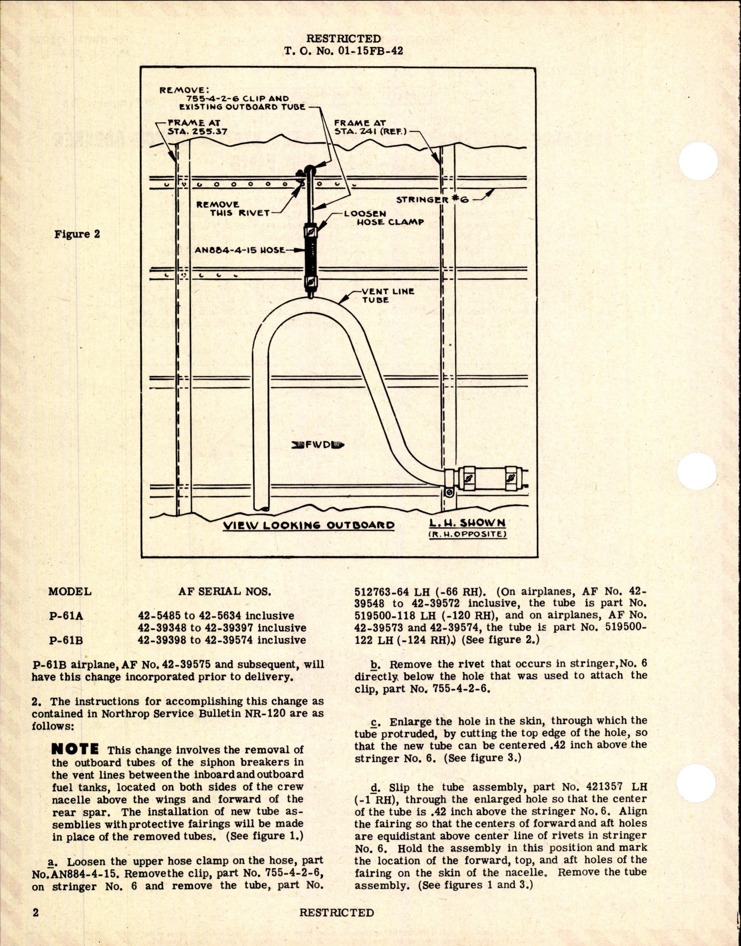 Sample page 2 from AirCorps Library document: Modification of Fuel Vent System Siphon Breaker Lines for P-61A and P-61B