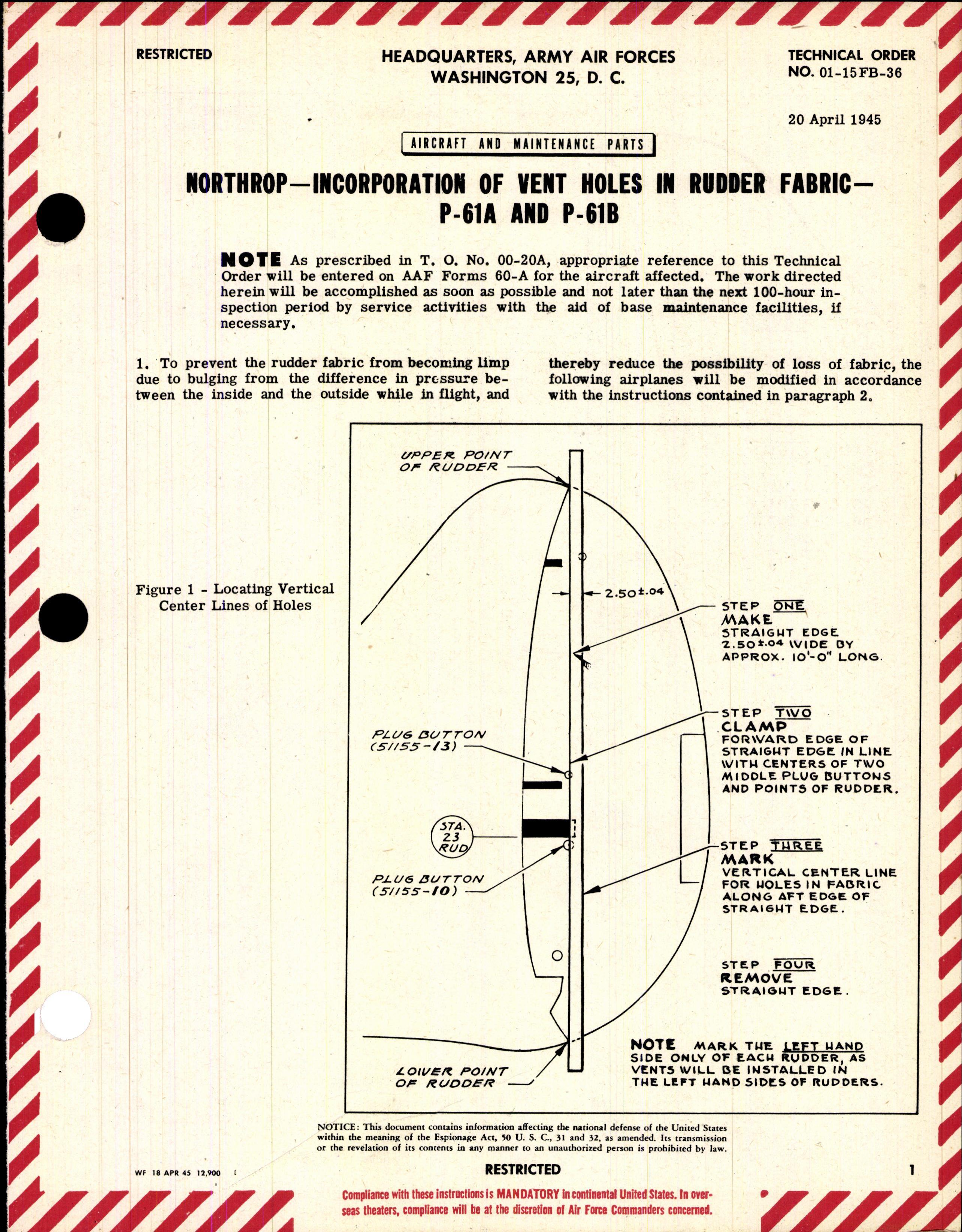 Sample page 1 from AirCorps Library document: Incorporation of Vent Holes in Rudder Fabric for P-61A and P-61B