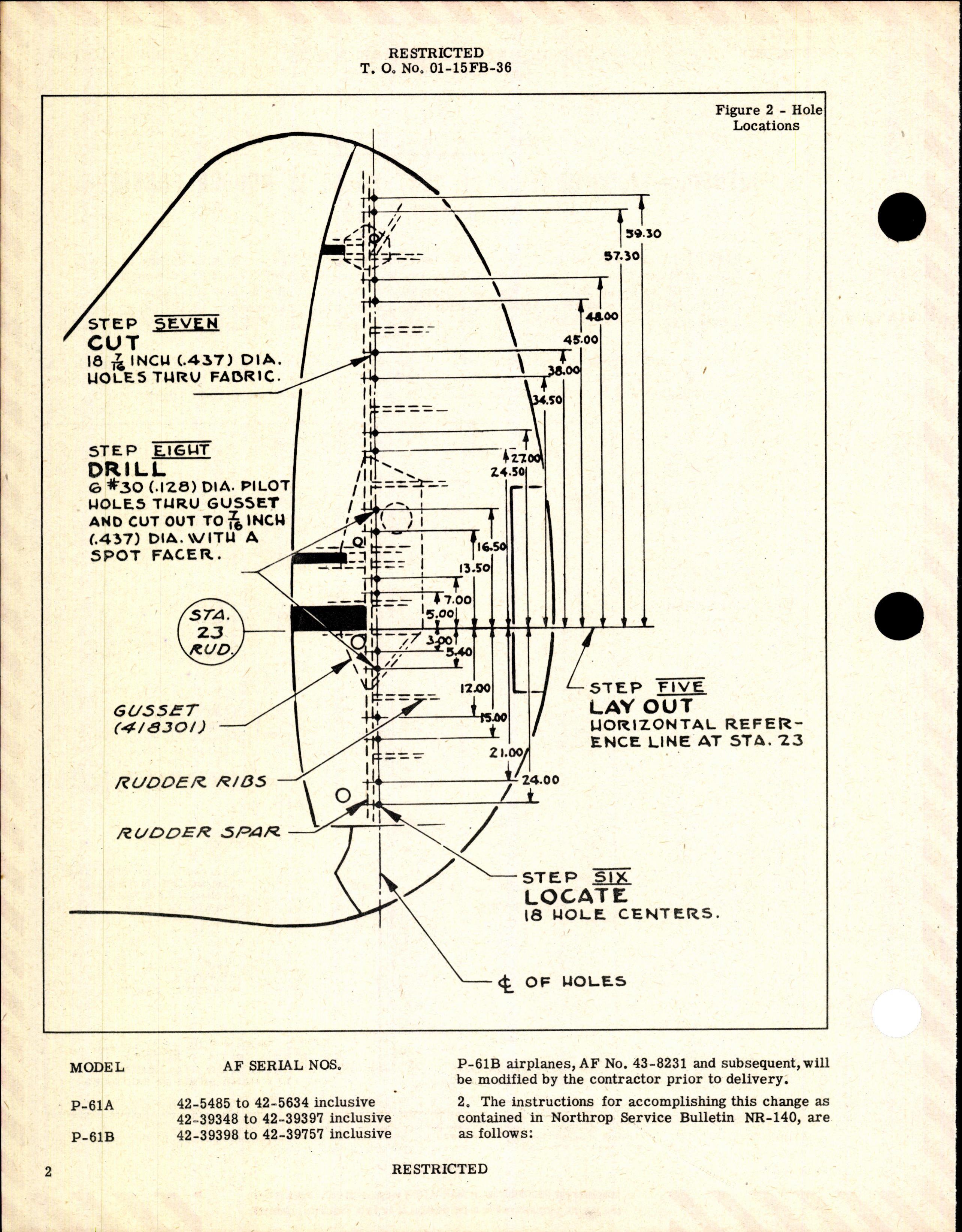 Sample page 2 from AirCorps Library document: Incorporation of Vent Holes in Rudder Fabric for P-61A and P-61B