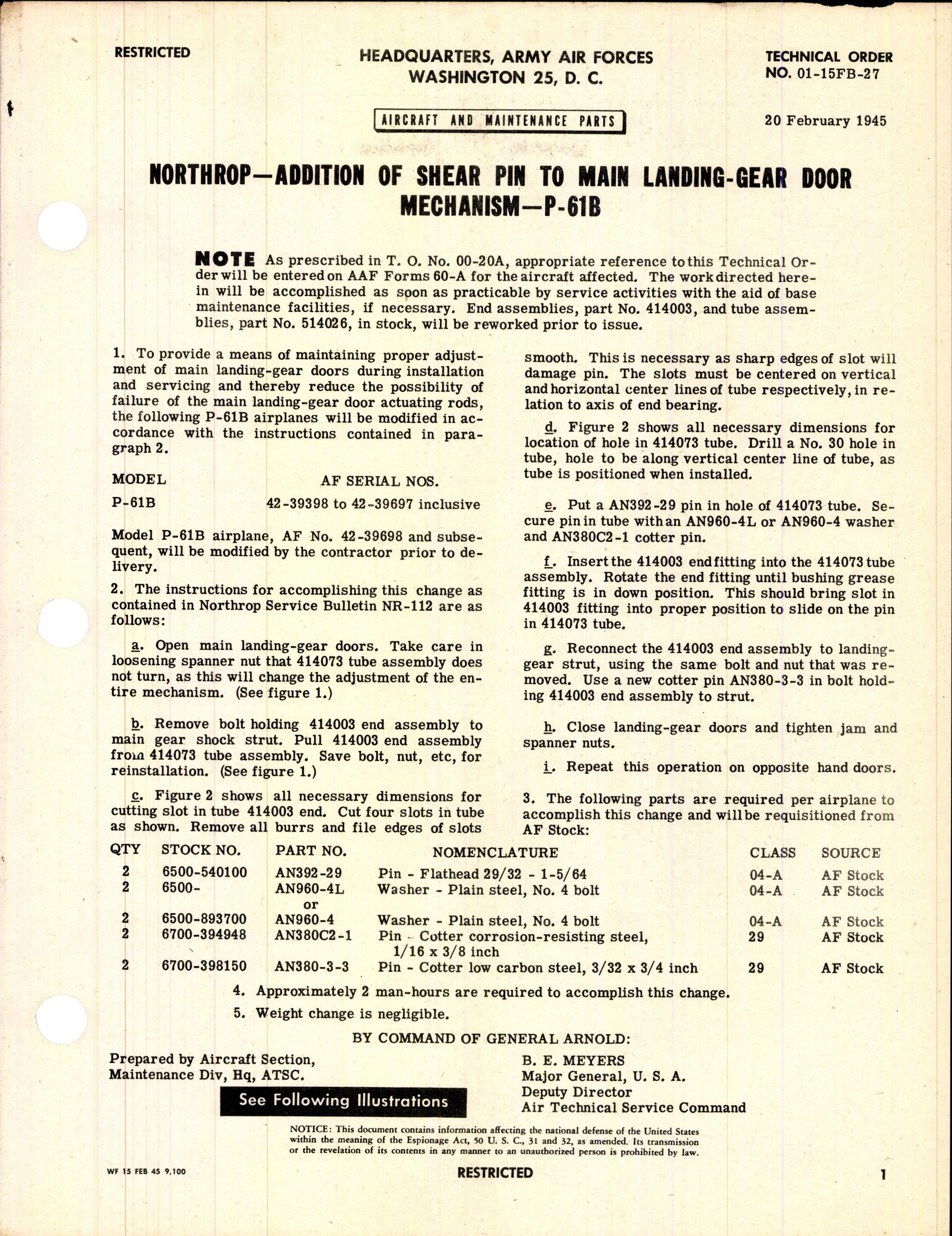 Sample page 1 from AirCorps Library document: Addition of Shear Pin to Main Landing-Gear Door Mechanism for P-61B