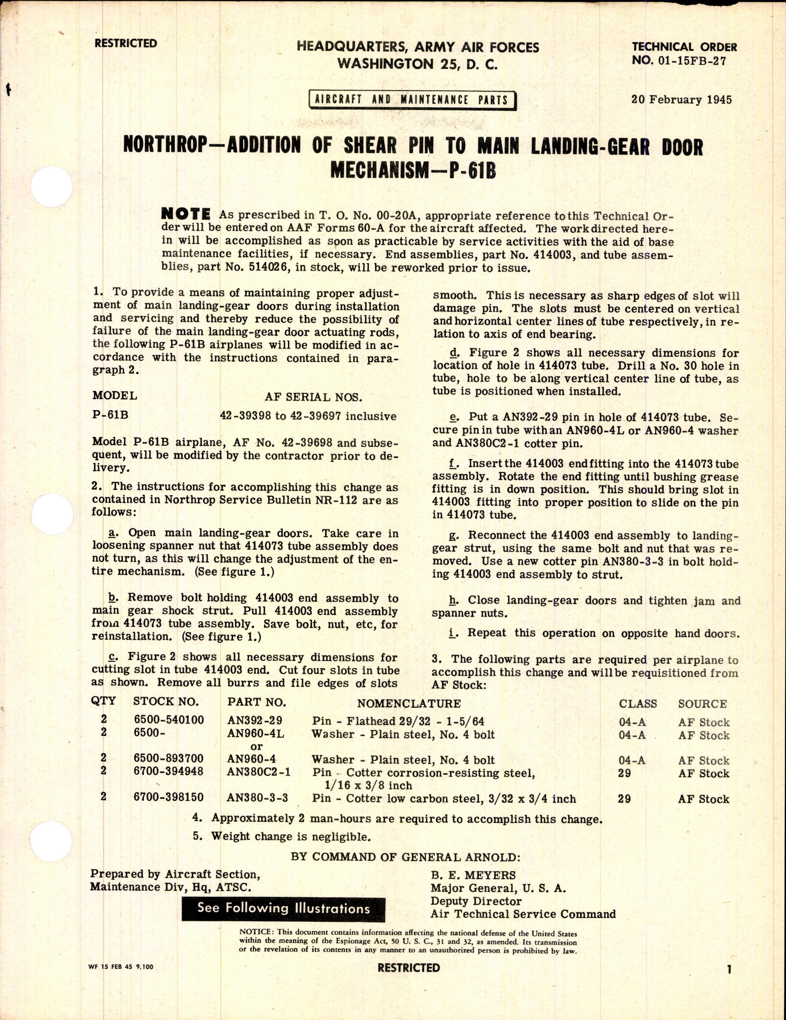 Sample page 1 from AirCorps Library document: Addition of Shear Pin to Main Landing-Gear Door Mechanism for P-61B
