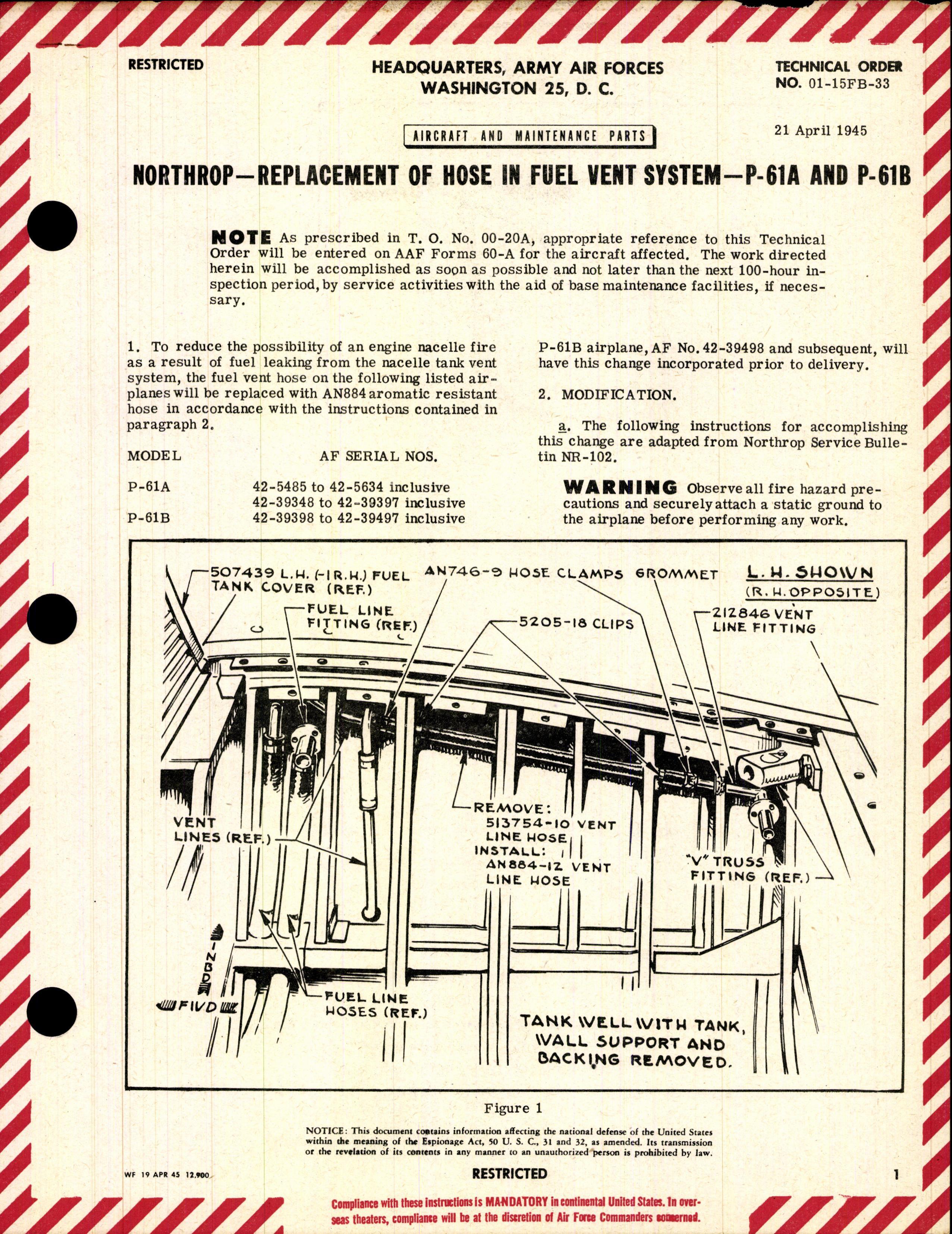 Sample page 1 from AirCorps Library document: Replacement of Hose in Fuel Vent System for P-61A and P-61B