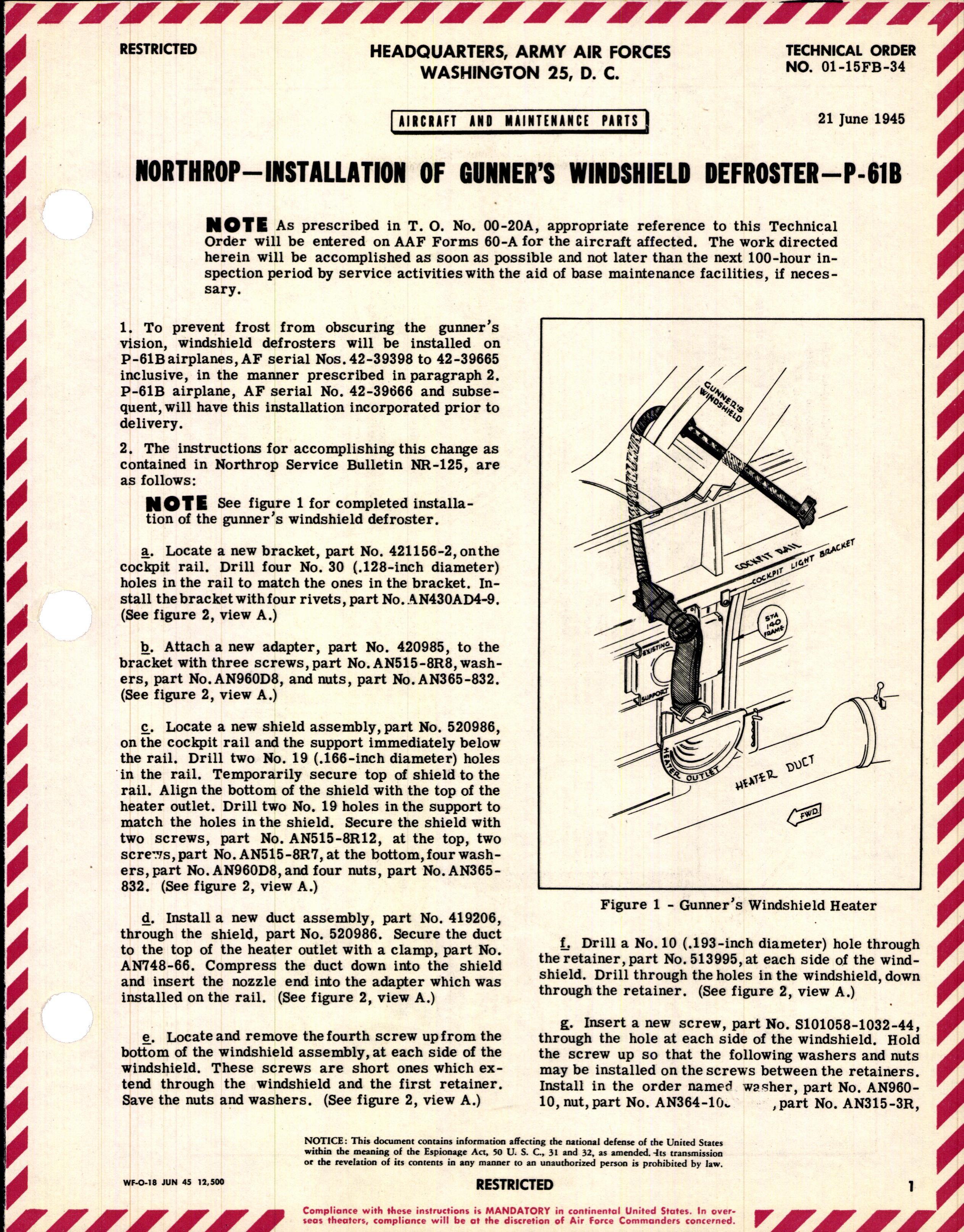 Sample page 1 from AirCorps Library document: Installation of Gunner's Windshield Defroster for P-61B