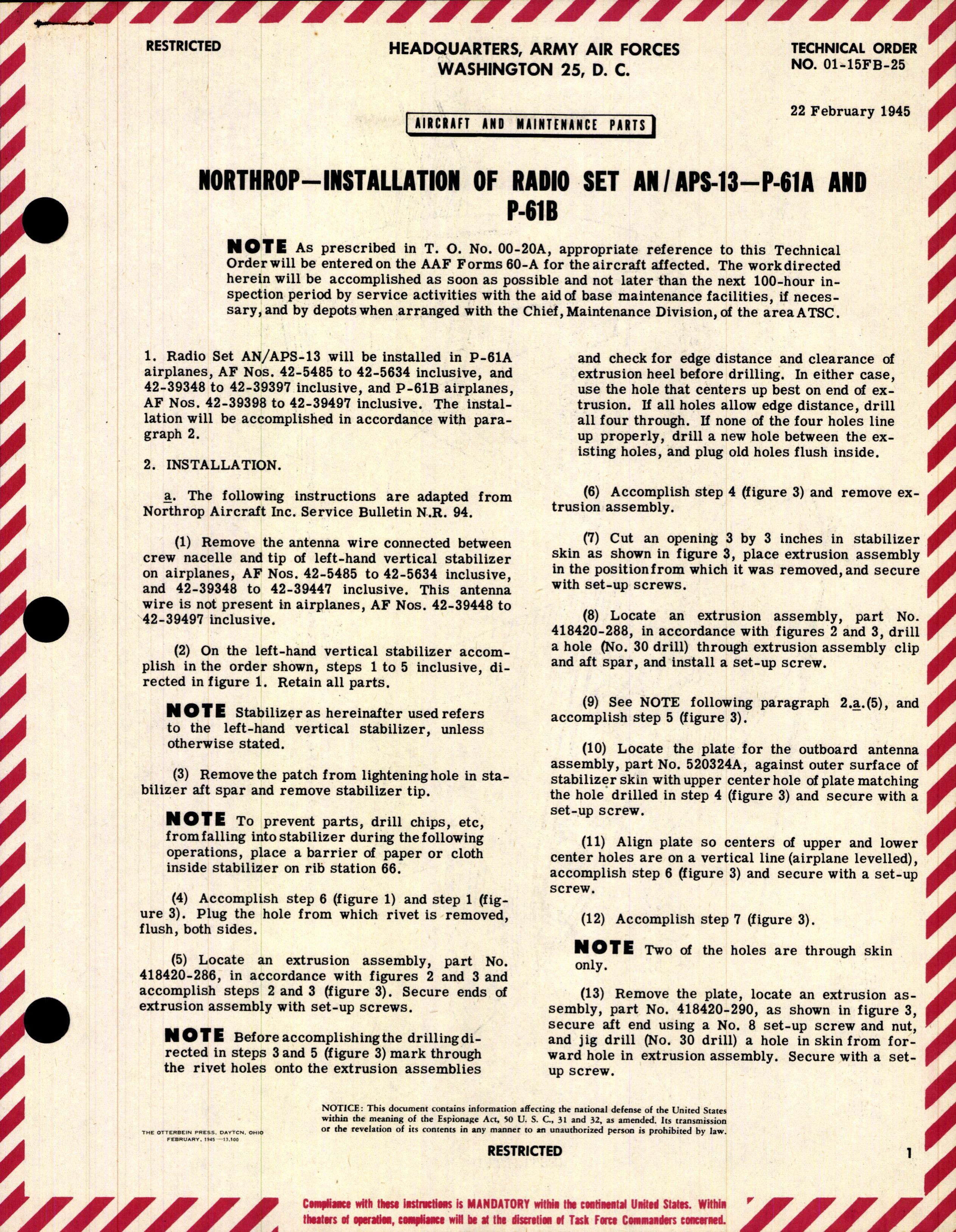 Sample page 1 from AirCorps Library document: Installation of Radio Set AN/APS-13 for P-61A and P-61B