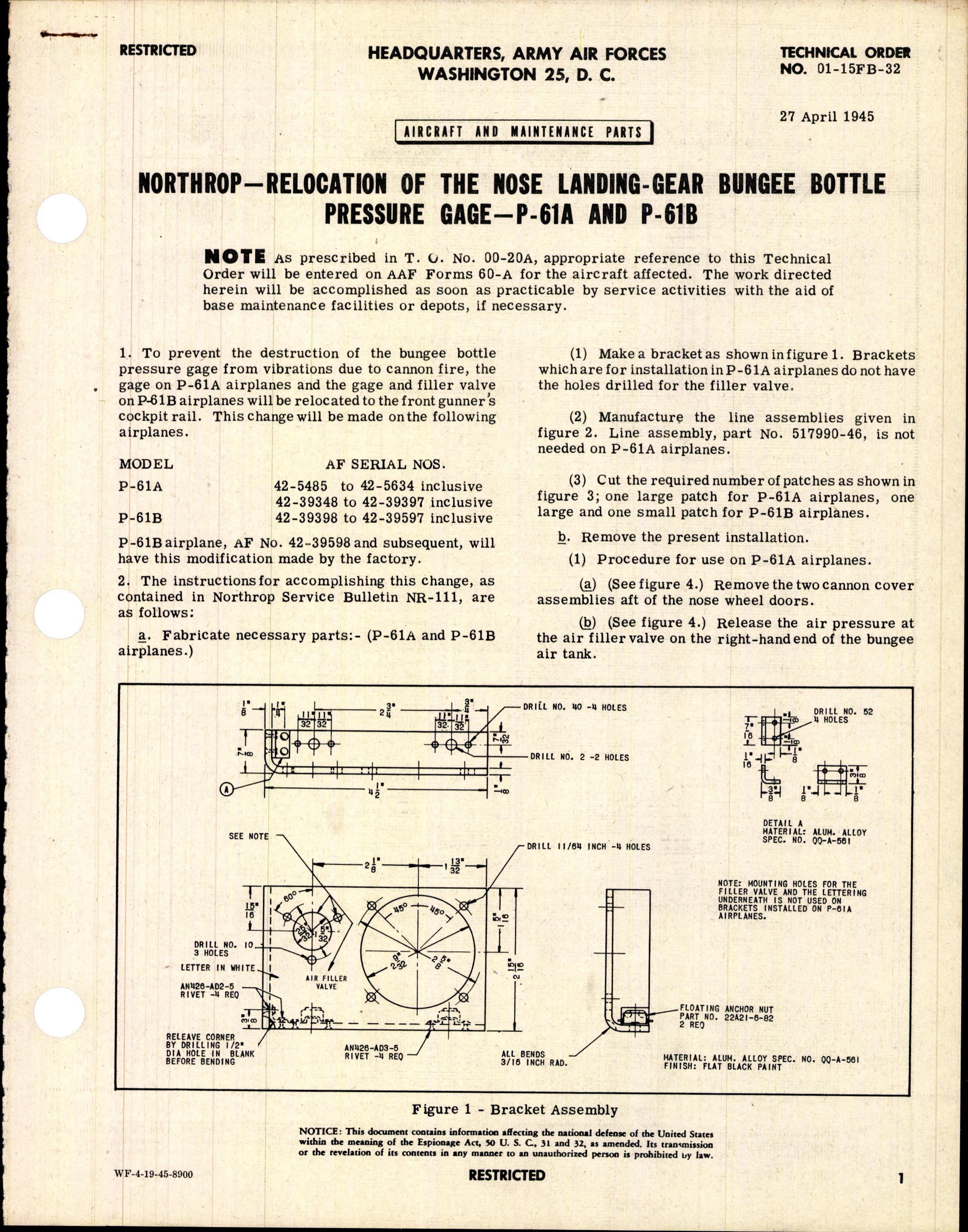 Sample page 1 from AirCorps Library document: Relocation of the Nose Landing-Gear Bungee Bottle Pressure Gage for P-61A and P-61B
