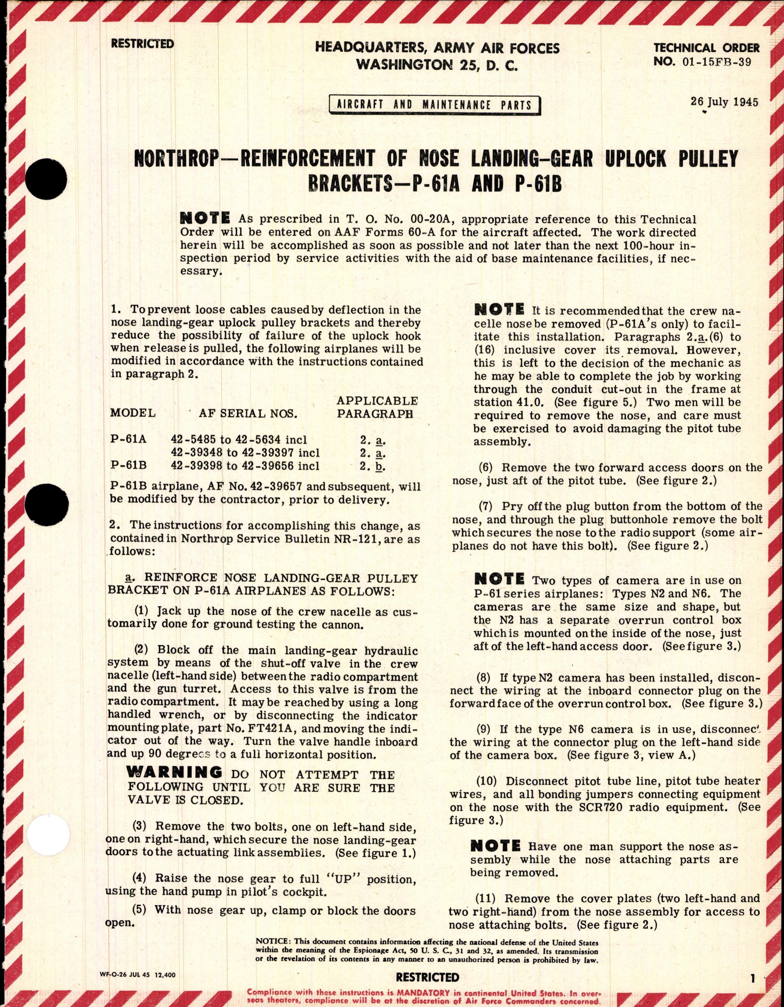 Sample page 1 from AirCorps Library document: Reinforcement of Nose Landing-Gear Uplock Pulley Brackets for P-61A and P-61B