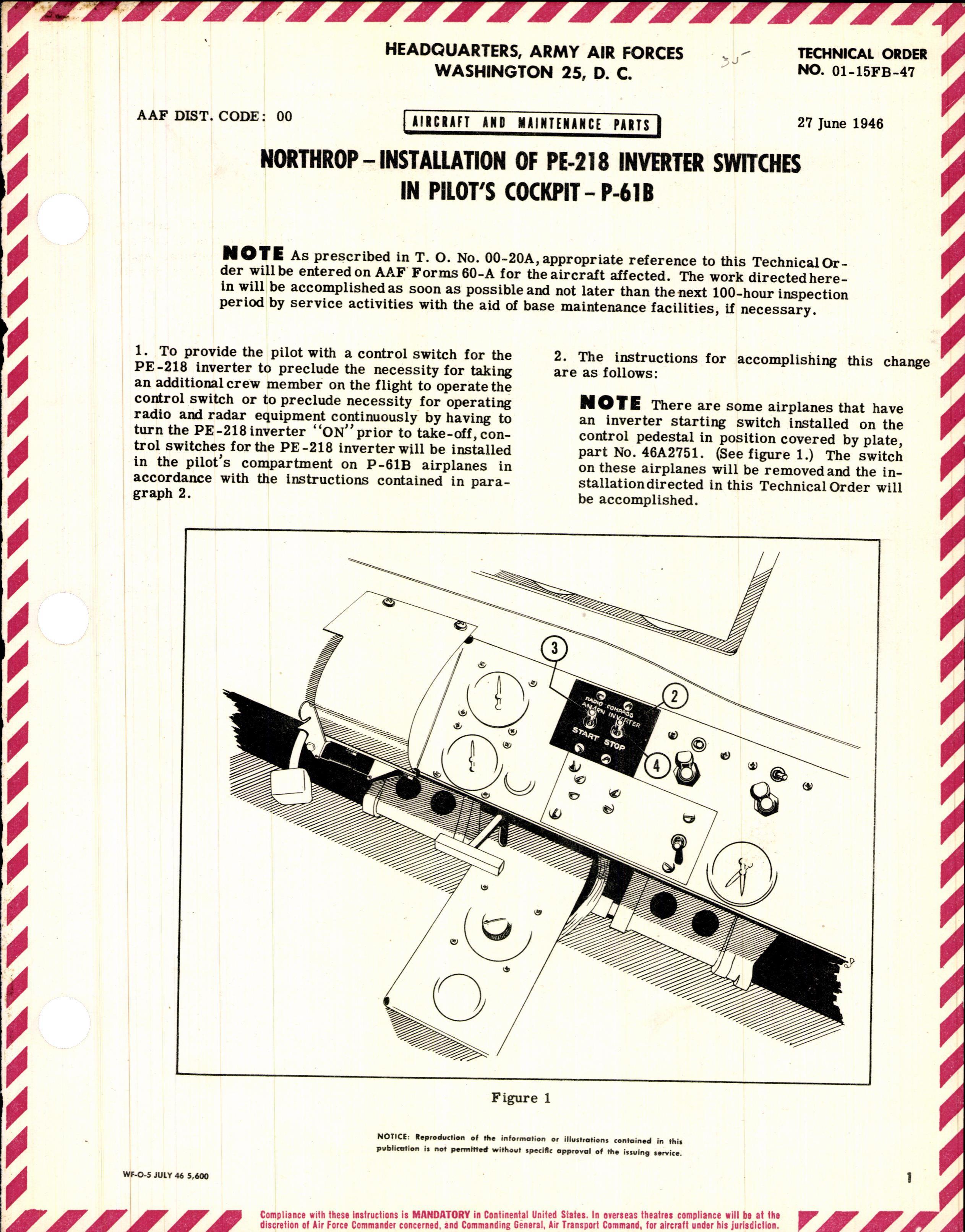 Sample page 1 from AirCorps Library document: Installation of PE-218 Inverter Switches in Pilot's Cockpit for P-61B