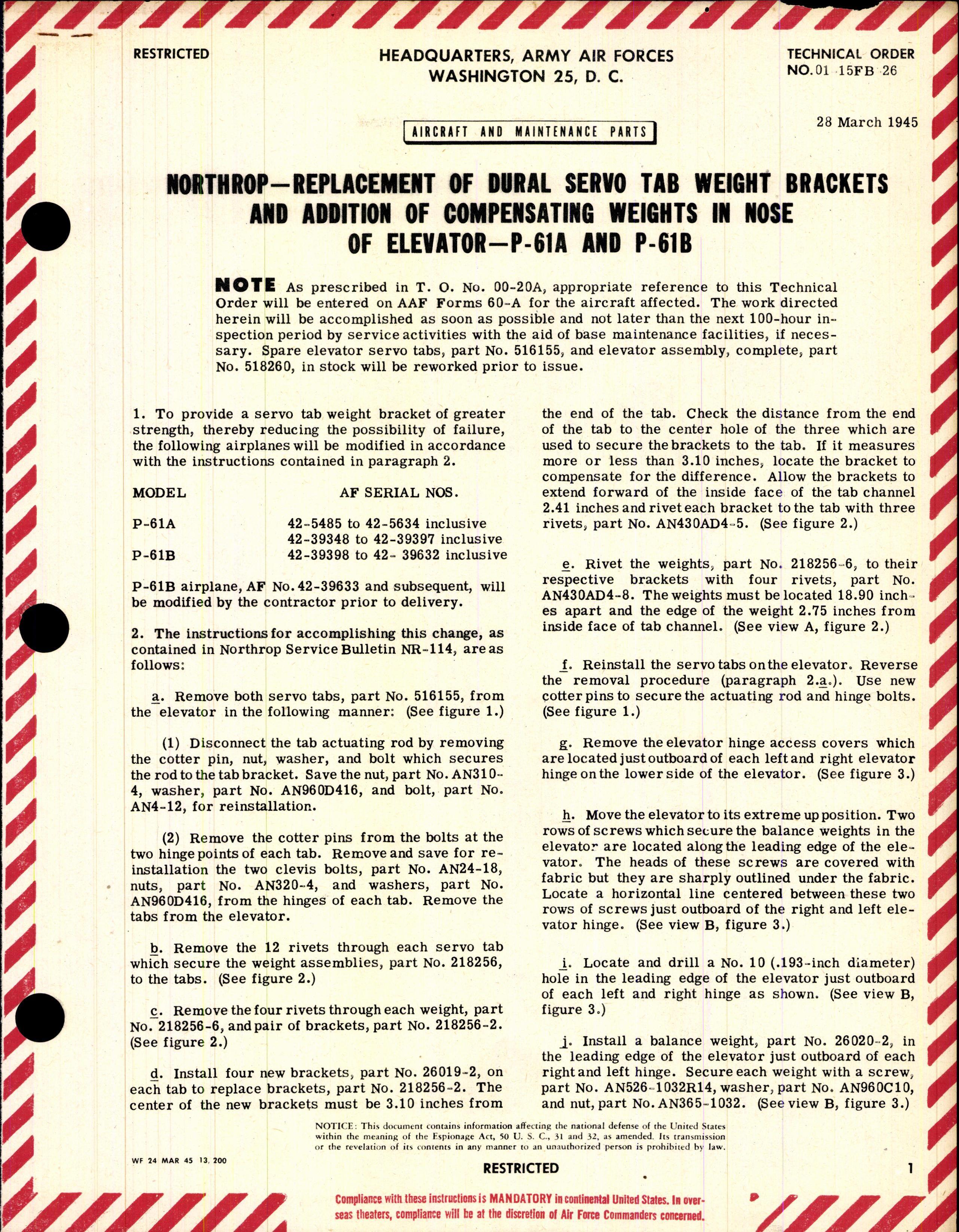 Sample page 1 from AirCorps Library document: Replacement of Dural Servo Tab Weight Brackets & Addition of Compensating Weights in Nose of Elevator for P-61A and P-61B