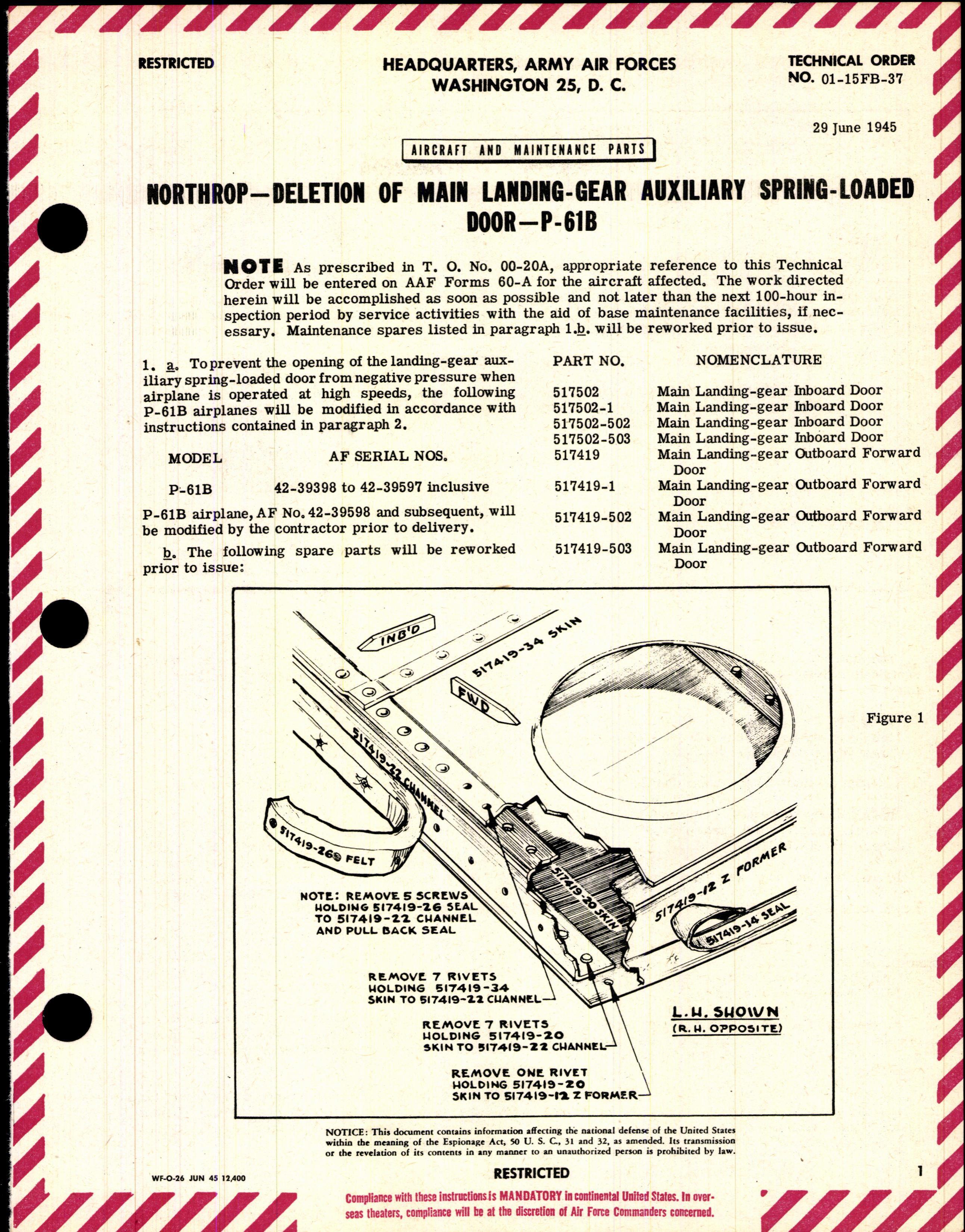 Sample page 1 from AirCorps Library document: Deletion of Main Landing-Gear Auxiliary Spring-Loaded Door for P-61B