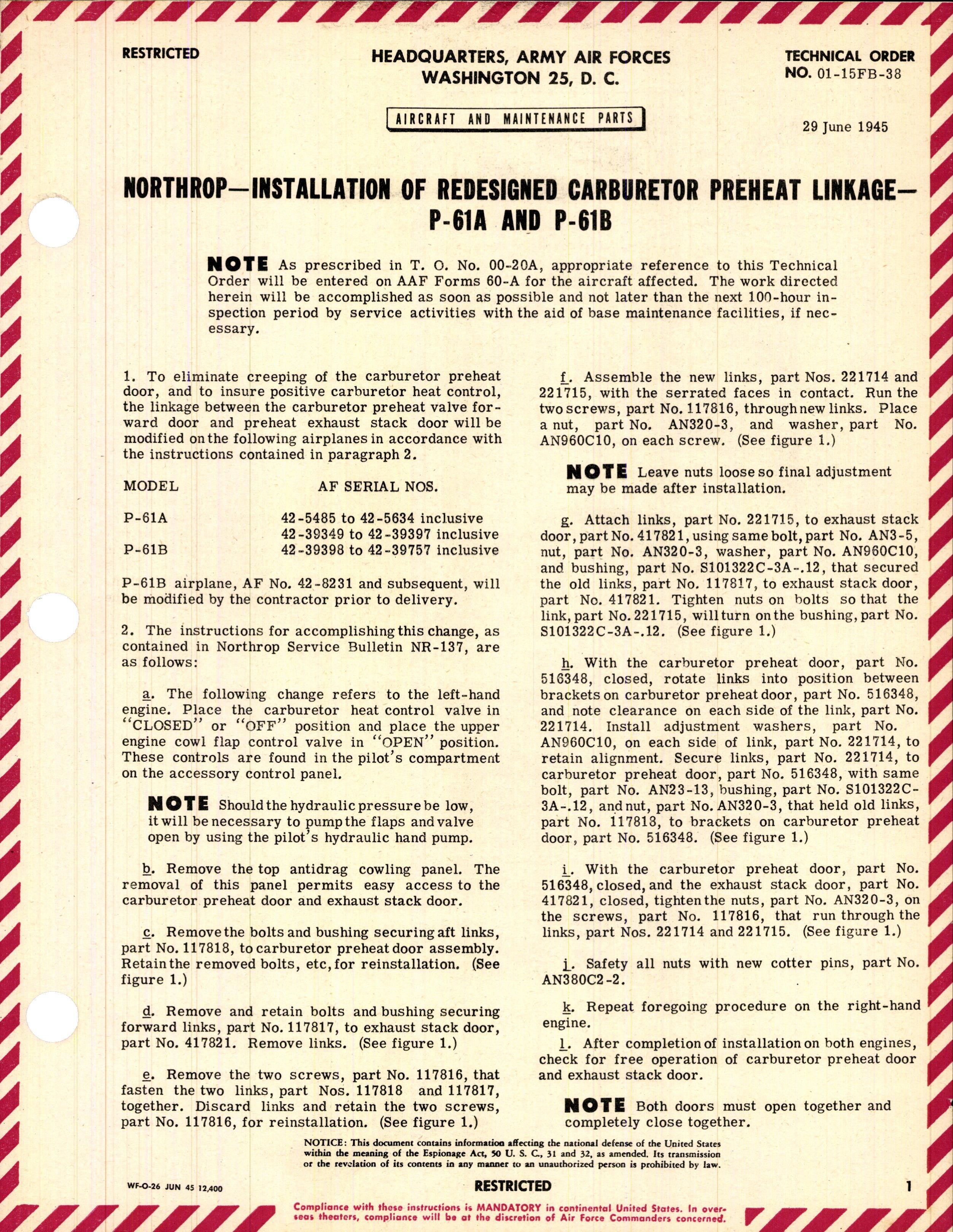 Sample page 1 from AirCorps Library document: Installation of Redesigned Carburetor Preheat Linkage for P-61A and P-61B