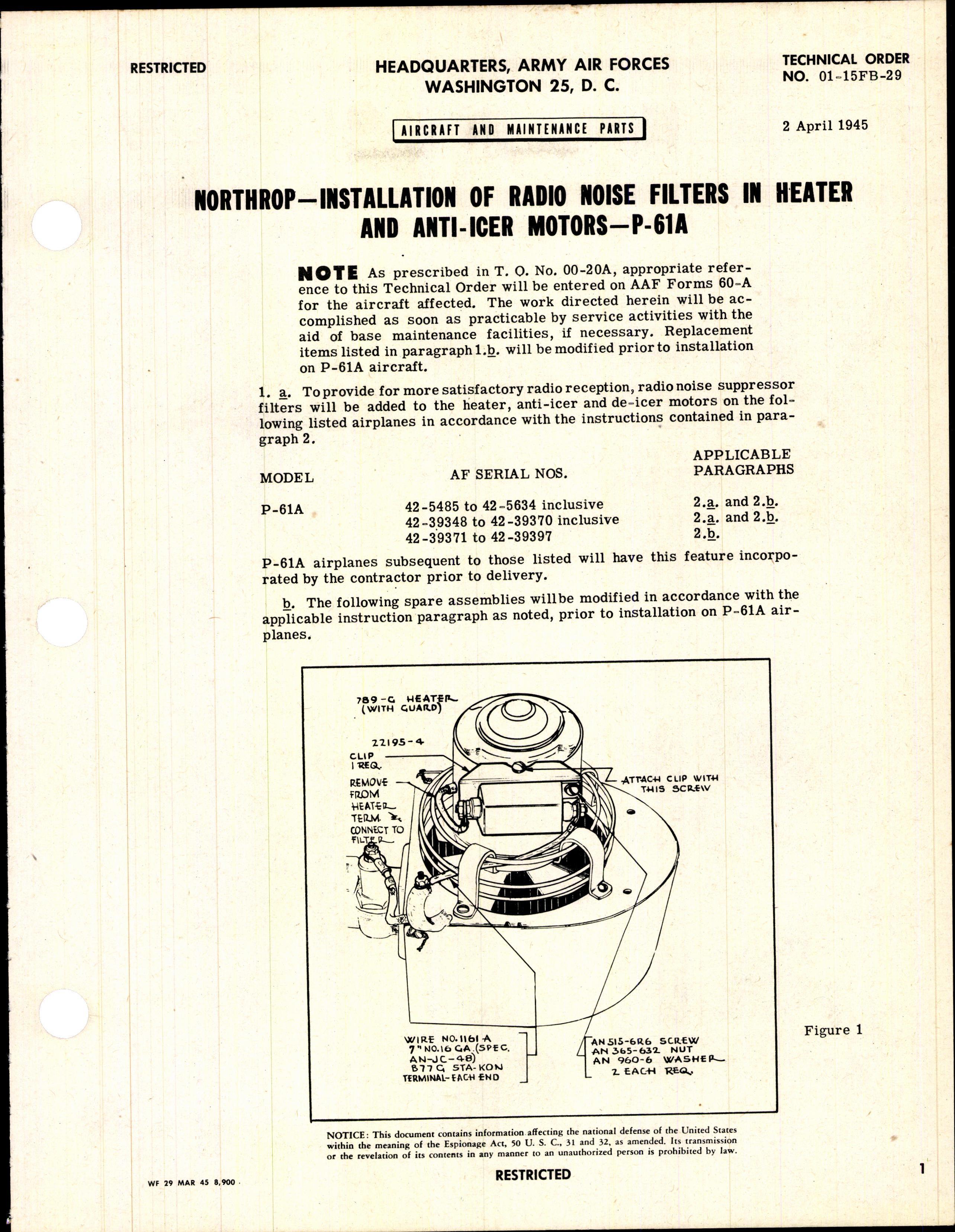 Sample page 1 from AirCorps Library document: Installation of Radio Noise Filters in Heater and Anti-Icer Motors for P-61A