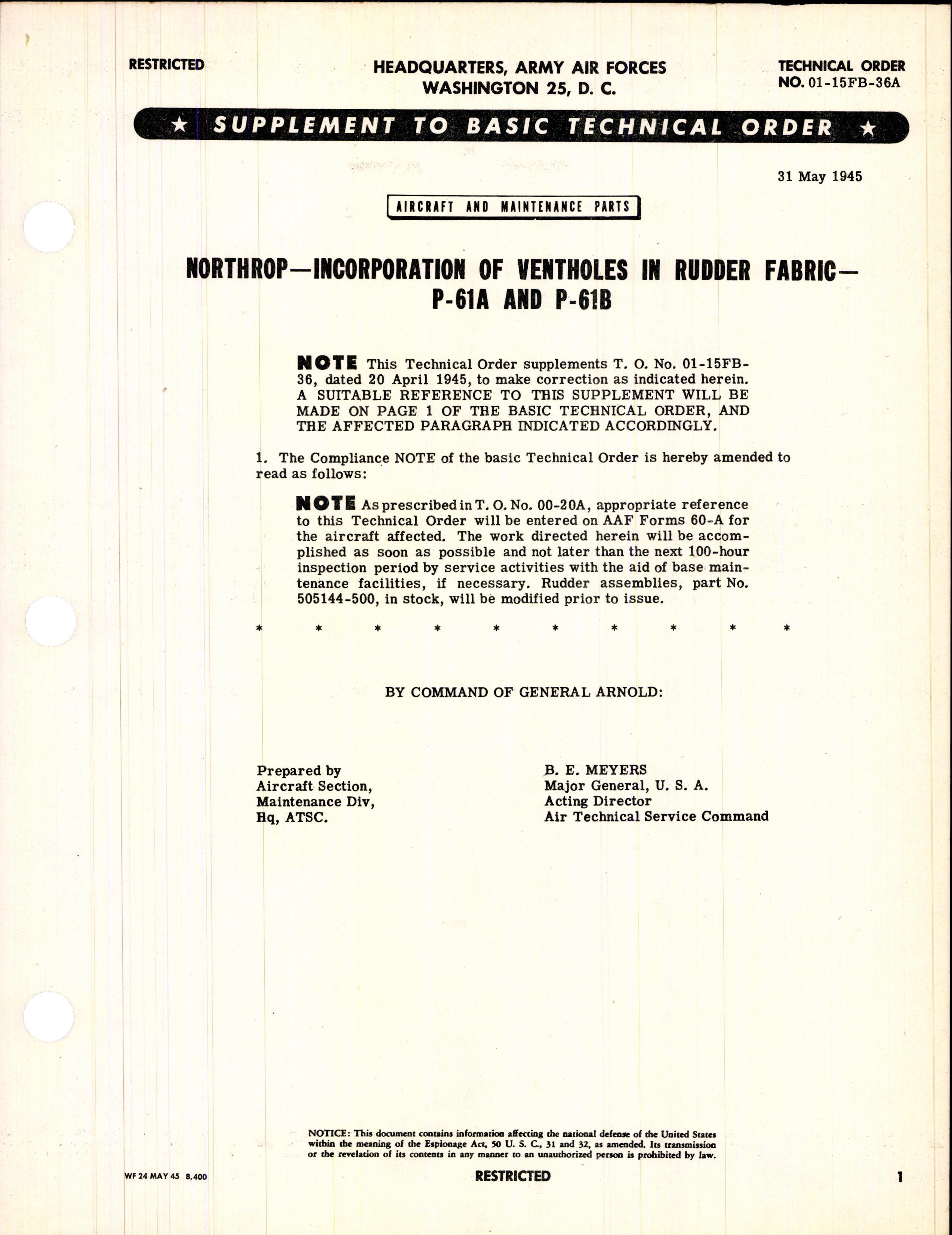 Sample page 1 from AirCorps Library document: Incorporation of Vent Holes in Rudder Fabric for P-61A and P-61B
