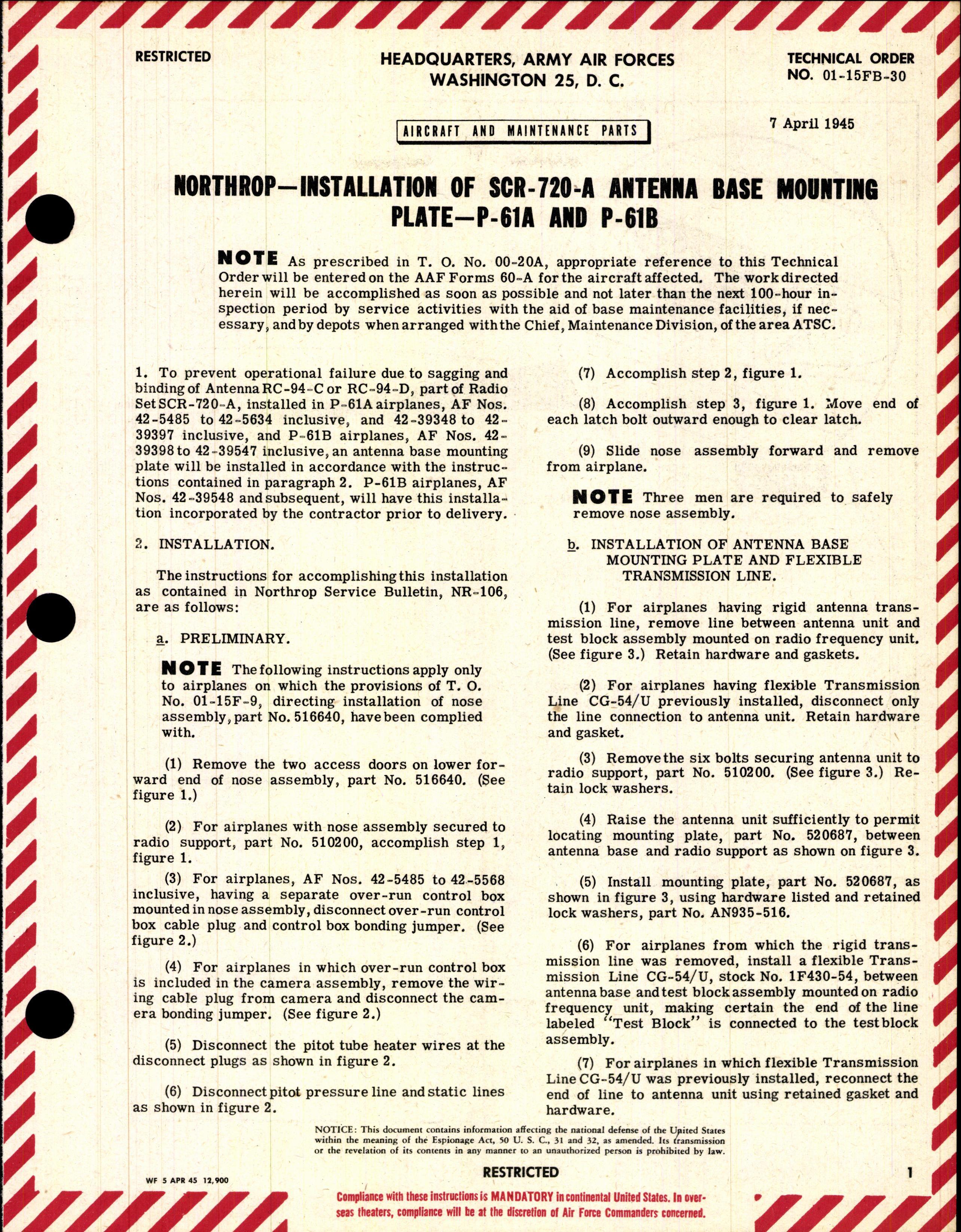 Sample page 1 from AirCorps Library document: Installation of SCR-750-A Antenna Base Mounting Plate for P-61A and P-61B