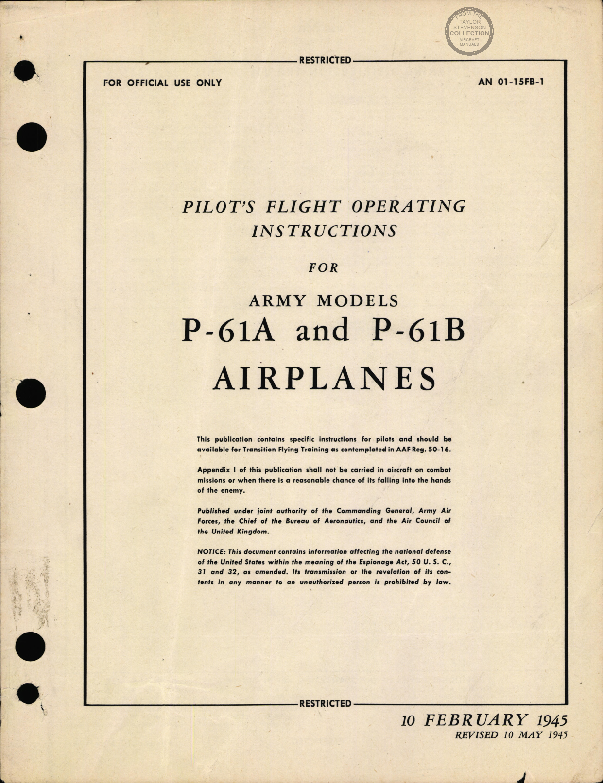 Sample page 1 from AirCorps Library document: Pilot Flight Operating Instructions - P-61A P-661B Black Widow - Revision Insert