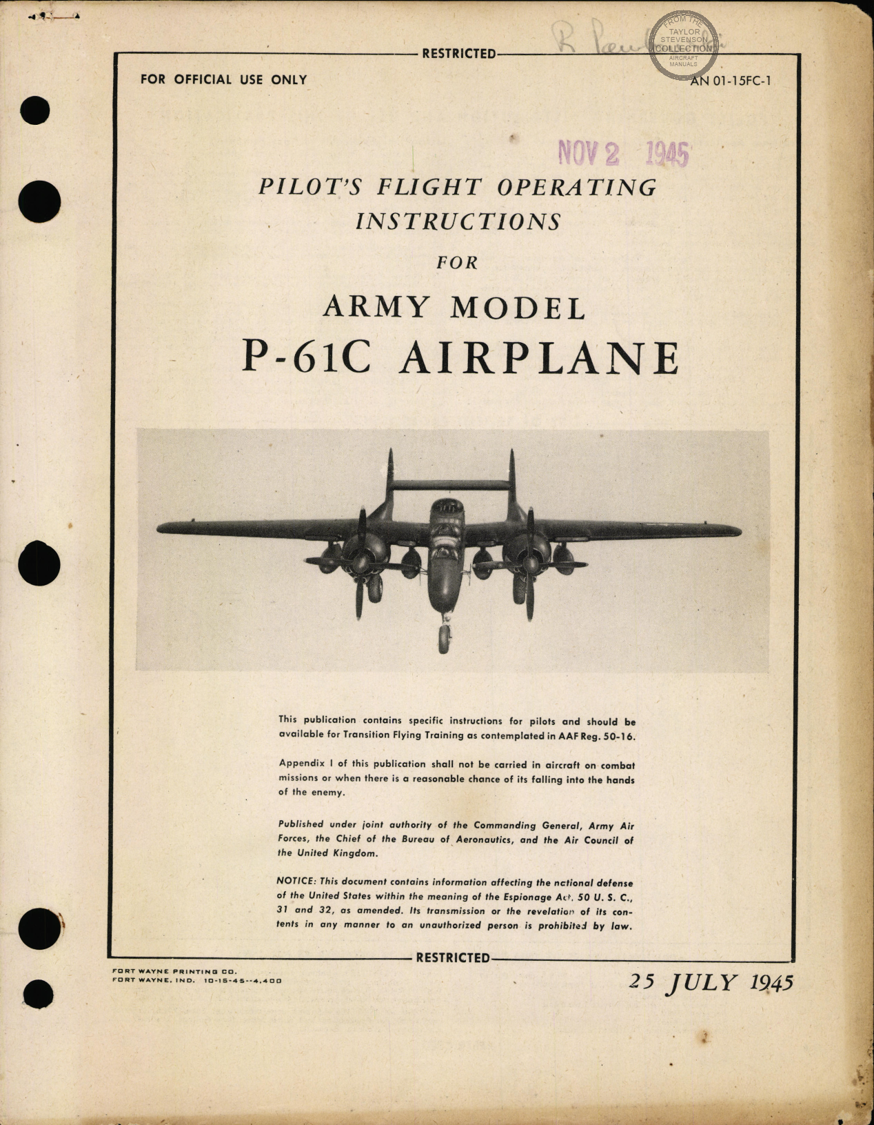 Sample page 1 from AirCorps Library document: Pilot's Flight Operating Instructions for Army Model P-61C