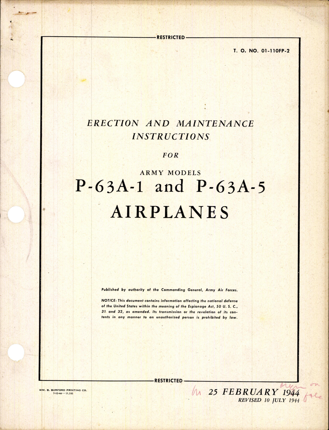 Sample page 1 from AirCorps Library document: Erection and Maintenance Instructions for P-63