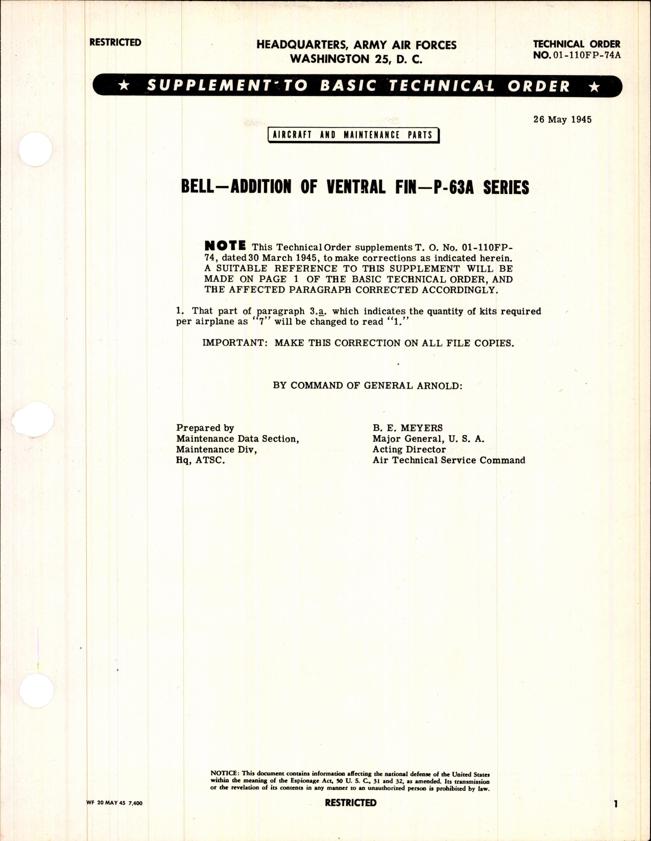 Sample page 1 from AirCorps Library document: Addition of Ventral Fin for P-63A Series