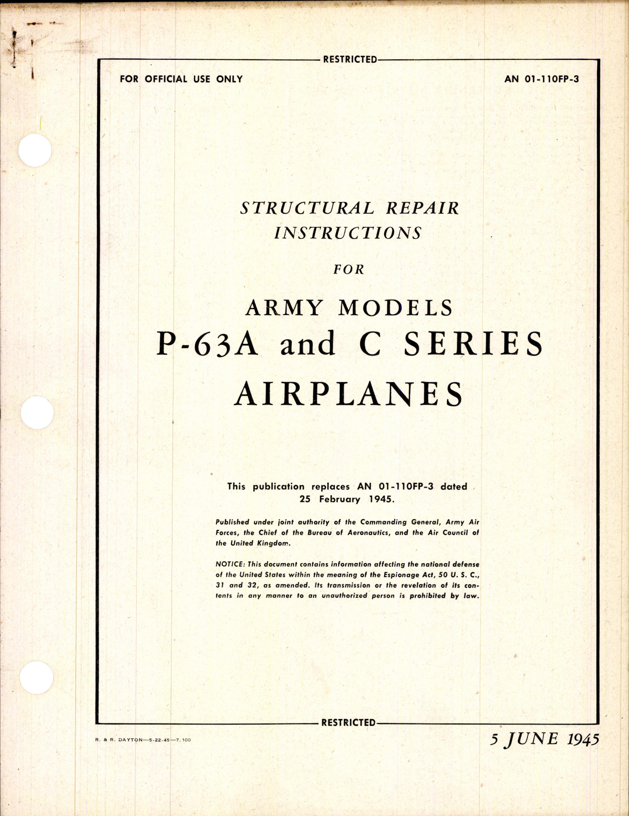 Sample page 1 from AirCorps Library document: Structural Repair Instructions for Army Models P-63