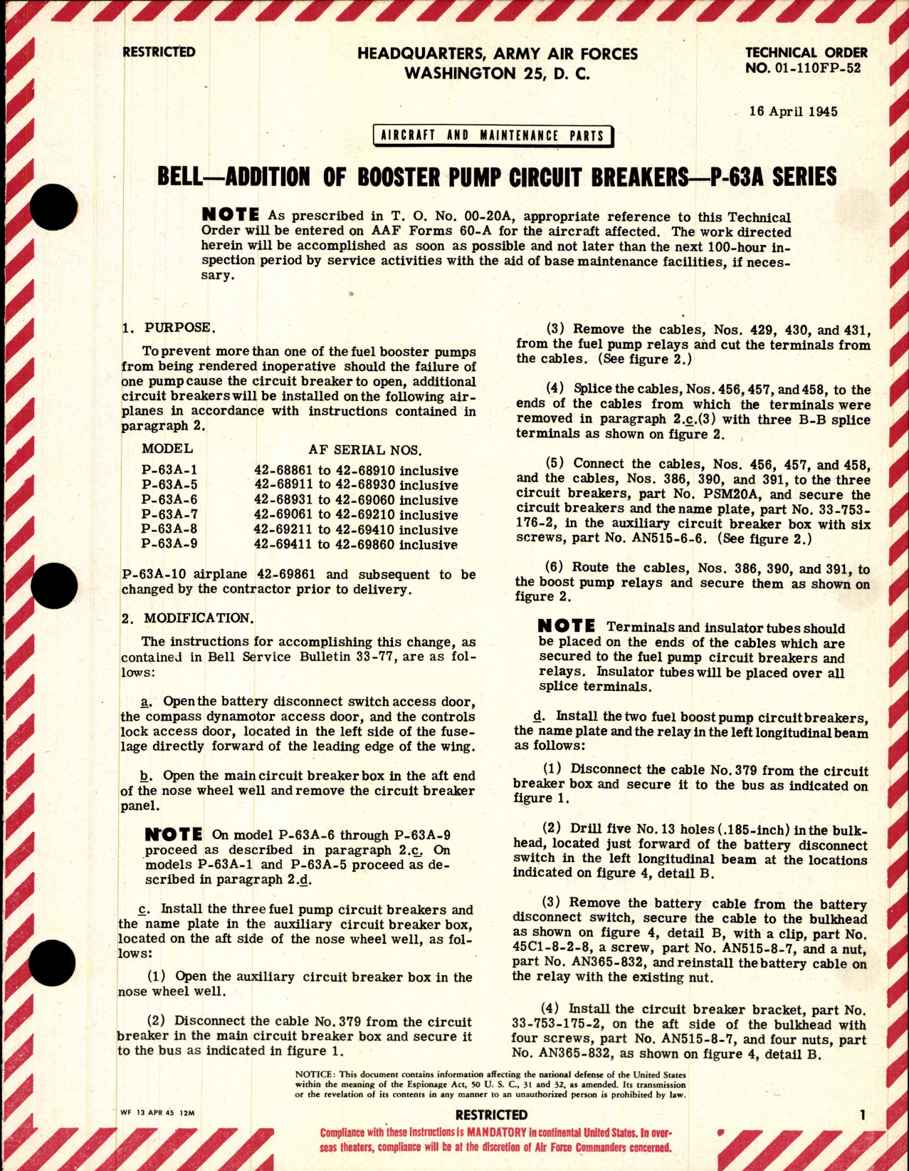 Sample page 1 from AirCorps Library document: Addition of Booster Pump Circuit Breakers for P-63A Series