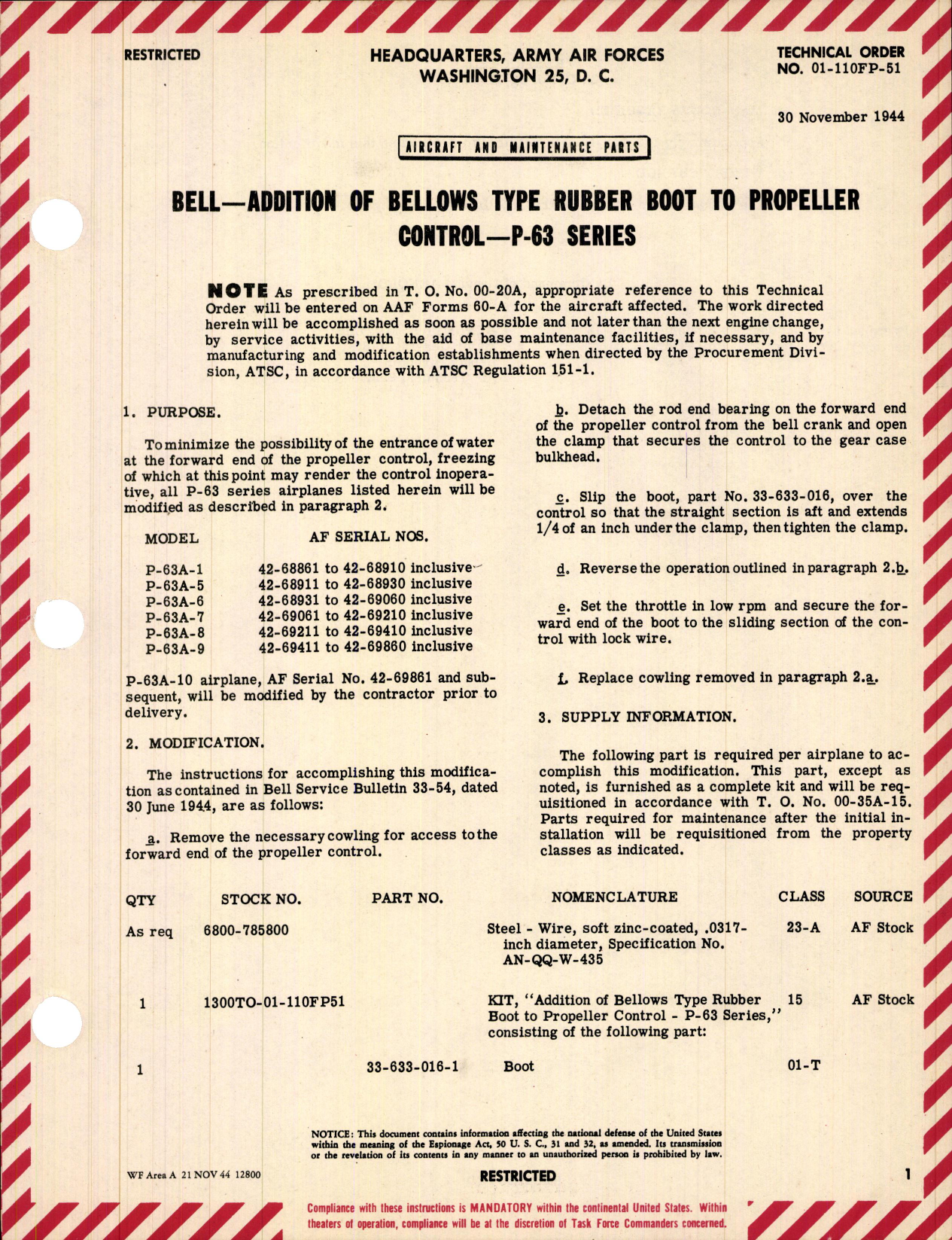 Sample page 1 from AirCorps Library document: Bellows Type Rubber Boot to Propeller Control for P-63 Series