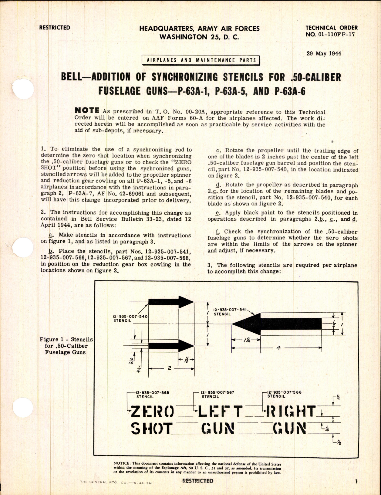Sample page 1 from AirCorps Library document: Addition of Synchronizing Stencils - .50 Caliber Fuselage Guns