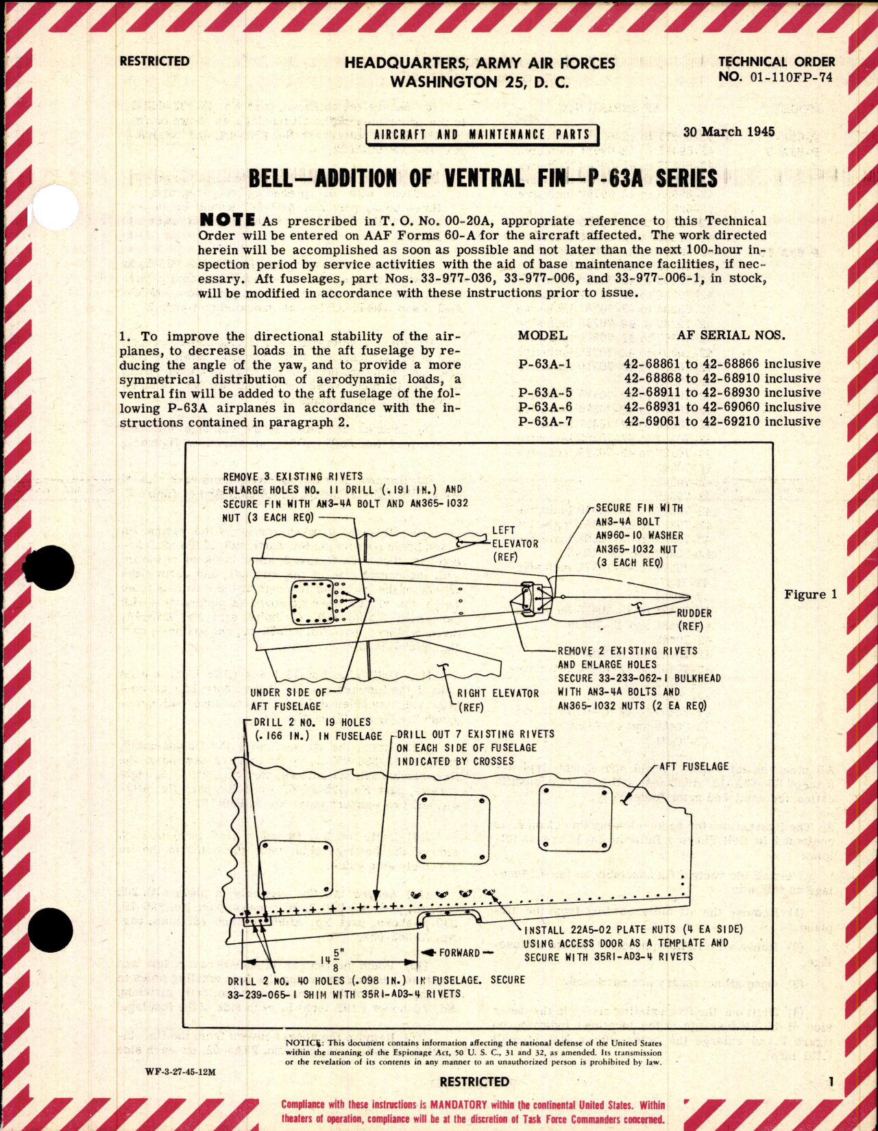 Sample page 1 from AirCorps Library document: Addition of Ventral Fin for P-63A Series