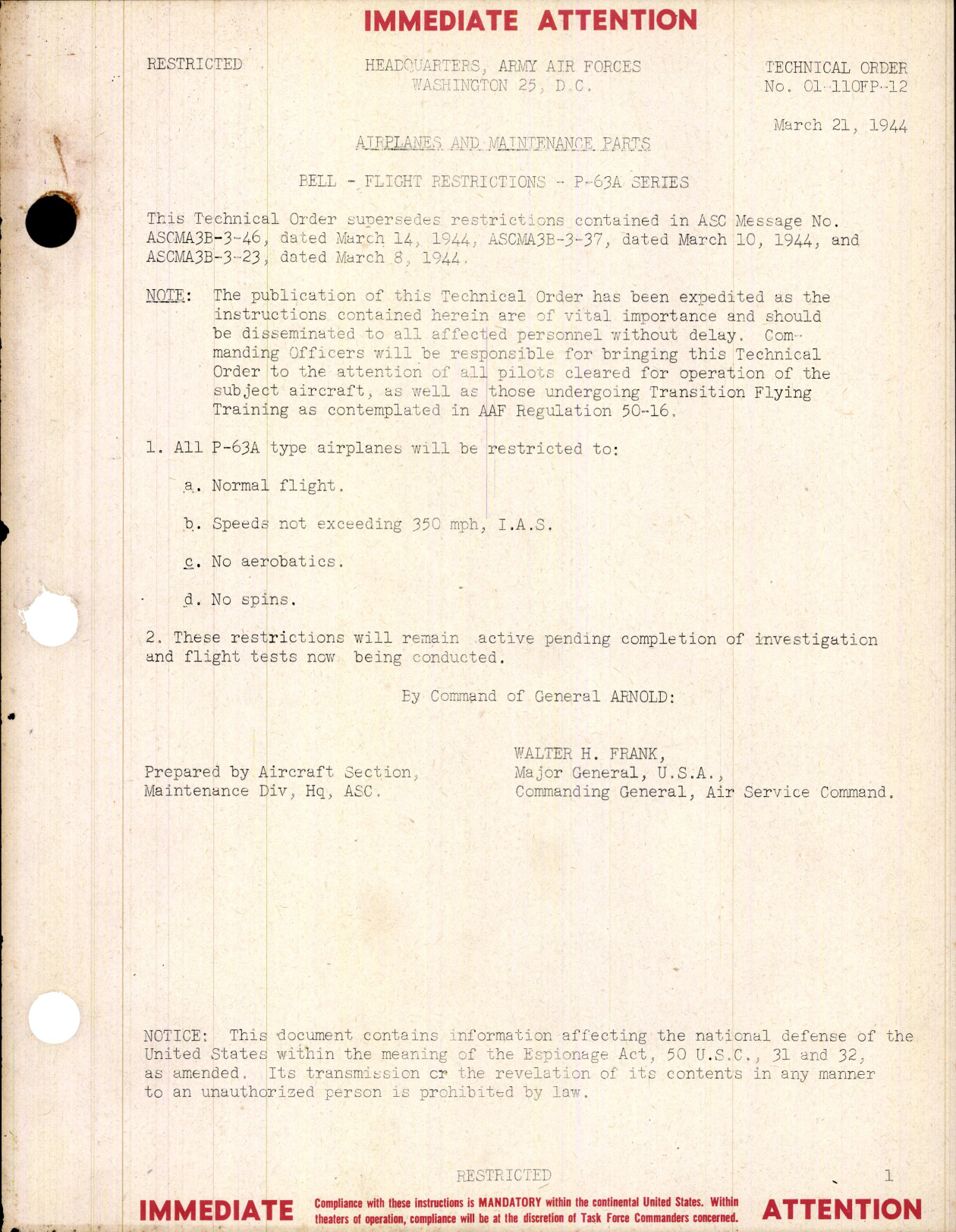 Sample page 1 from AirCorps Library document: Flight Restrictions for P-63A Series