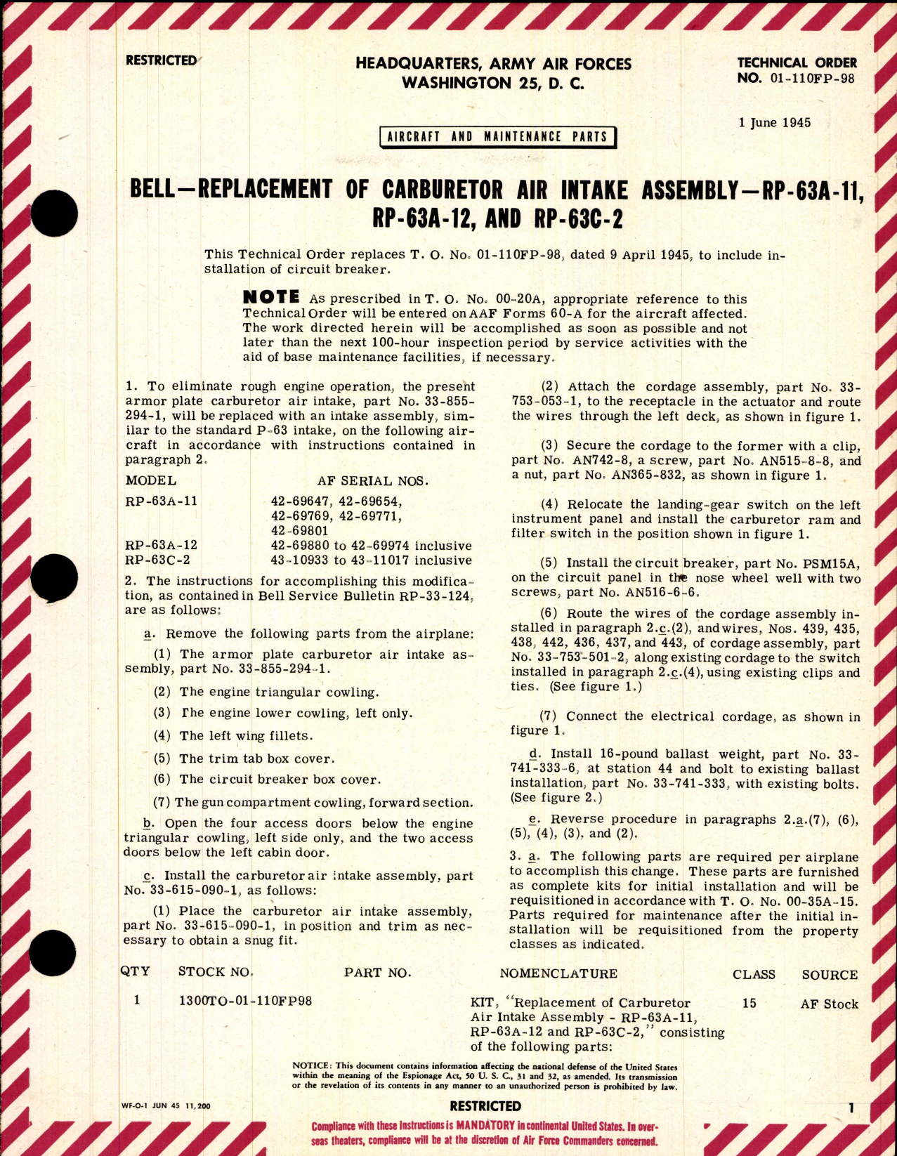 Sample page 1 from AirCorps Library document: Replacement of Carburetor Air Intake Assembly