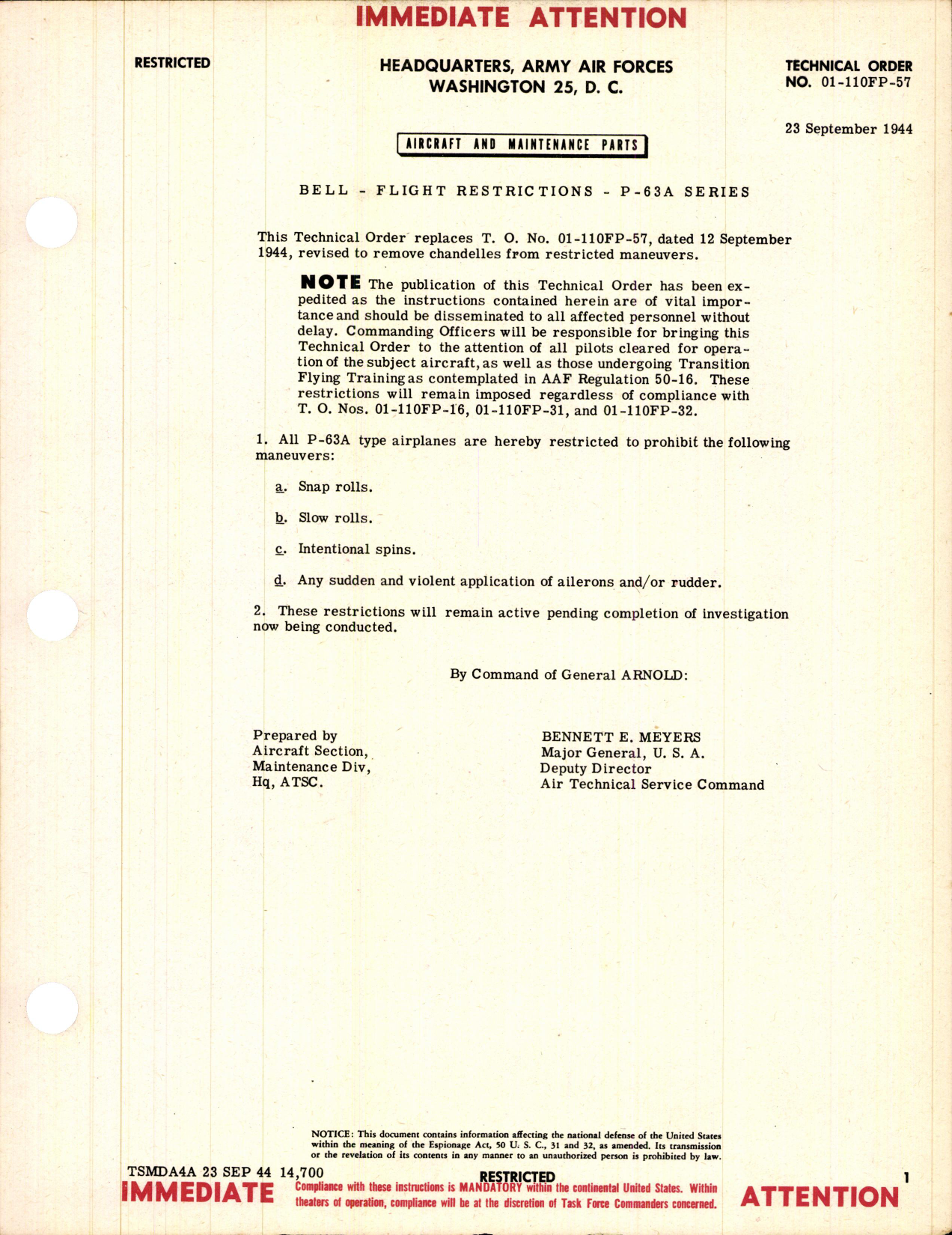 Sample page 1 from AirCorps Library document: Flight Restrictions for P-63A Series