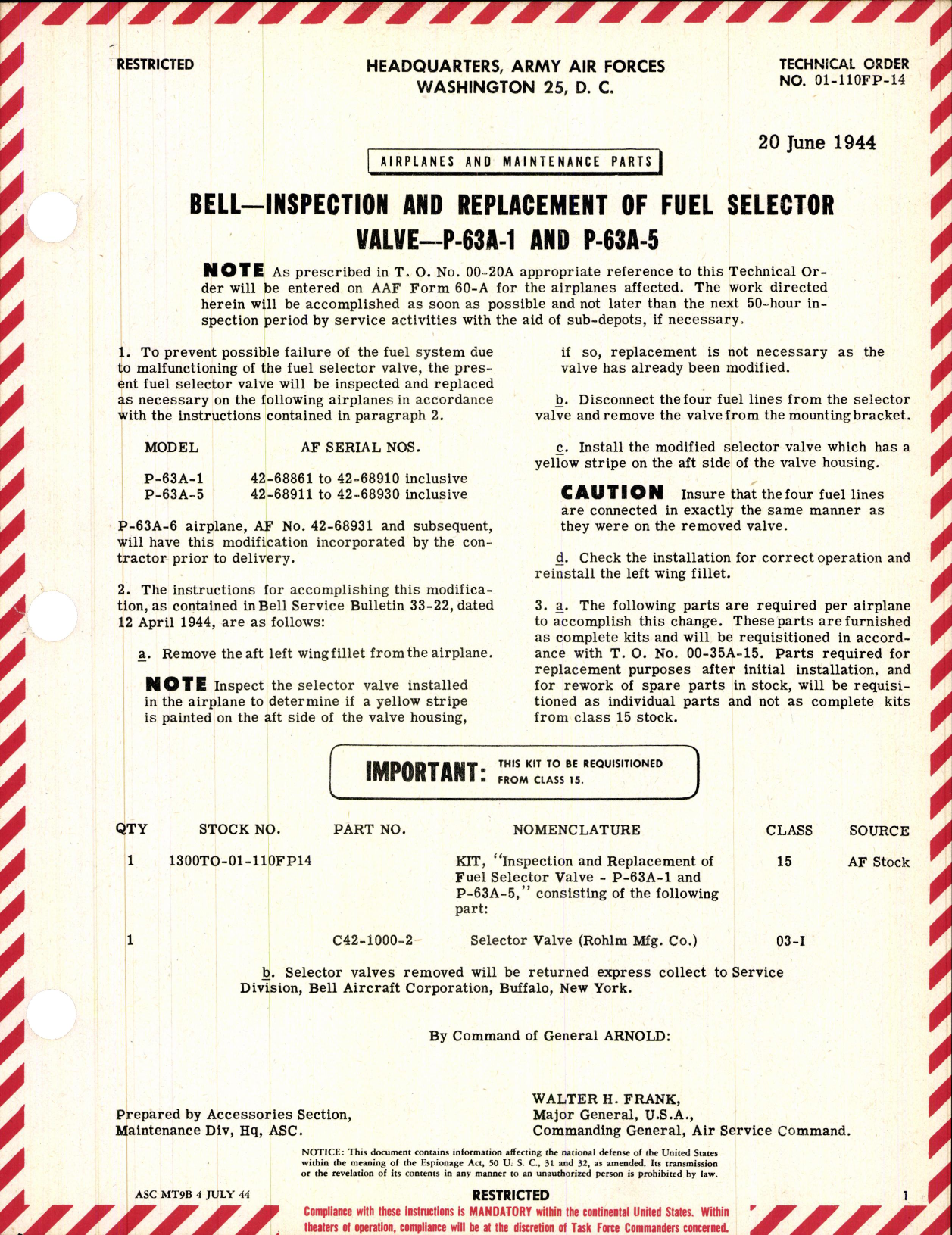 Sample page 1 from AirCorps Library document: Inspection & Replacement of Fuel Selector Valve