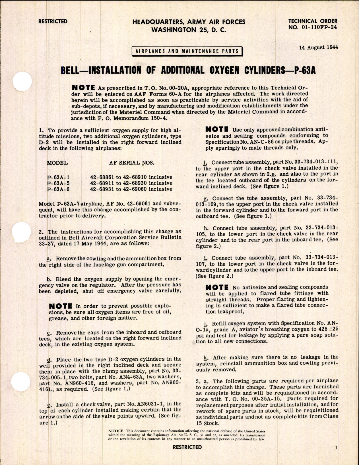 Sample page 1 from AirCorps Library document: Installation of Additional Oxygen Cylinders for P-63A