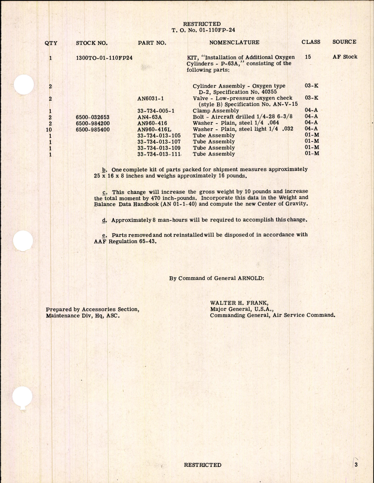 Sample page 3 from AirCorps Library document: Installation of Additional Oxygen Cylinders for P-63A