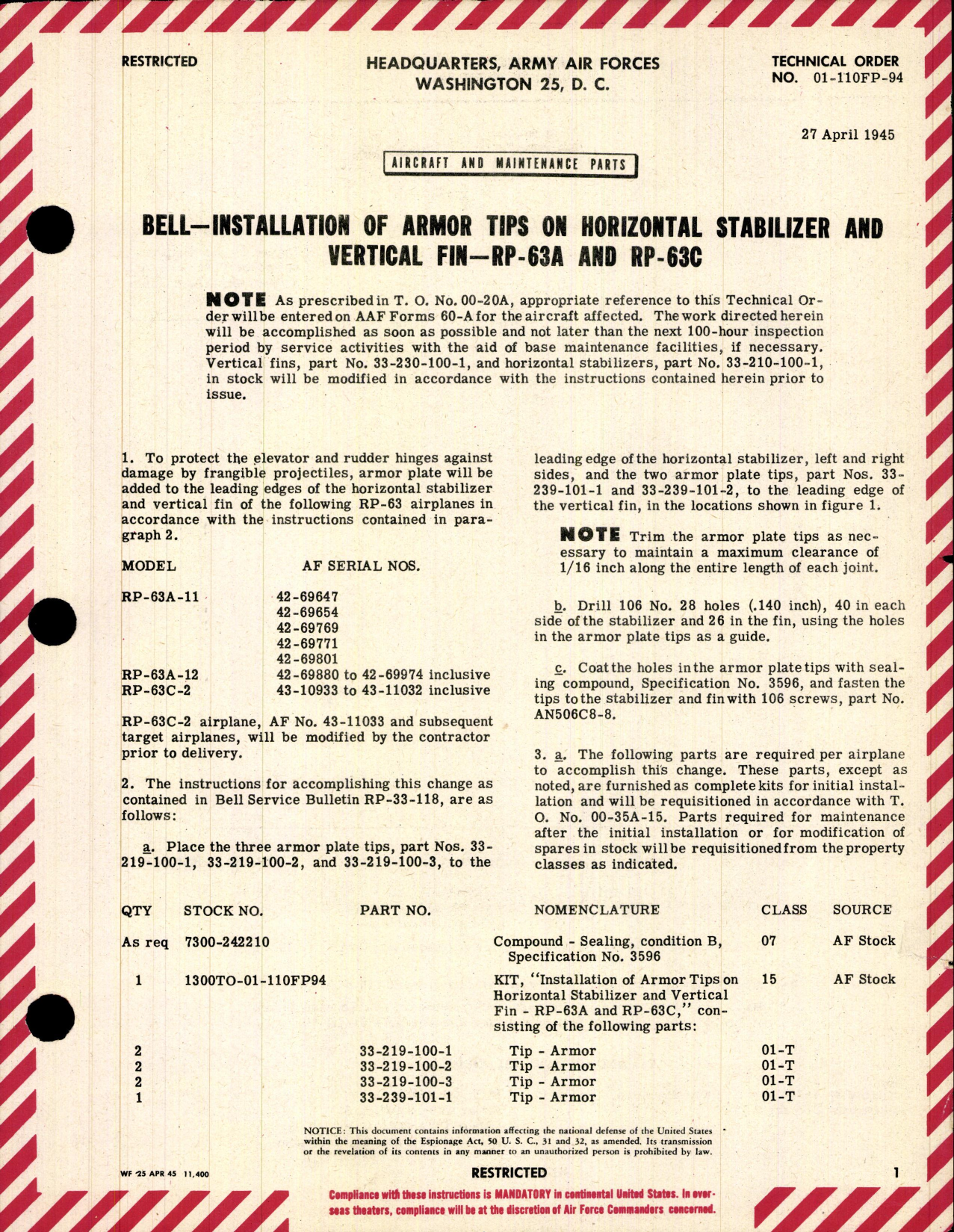 Sample page 1 from AirCorps Library document: Armor Tips on Horizontal Stabilizer & Vertical Fin