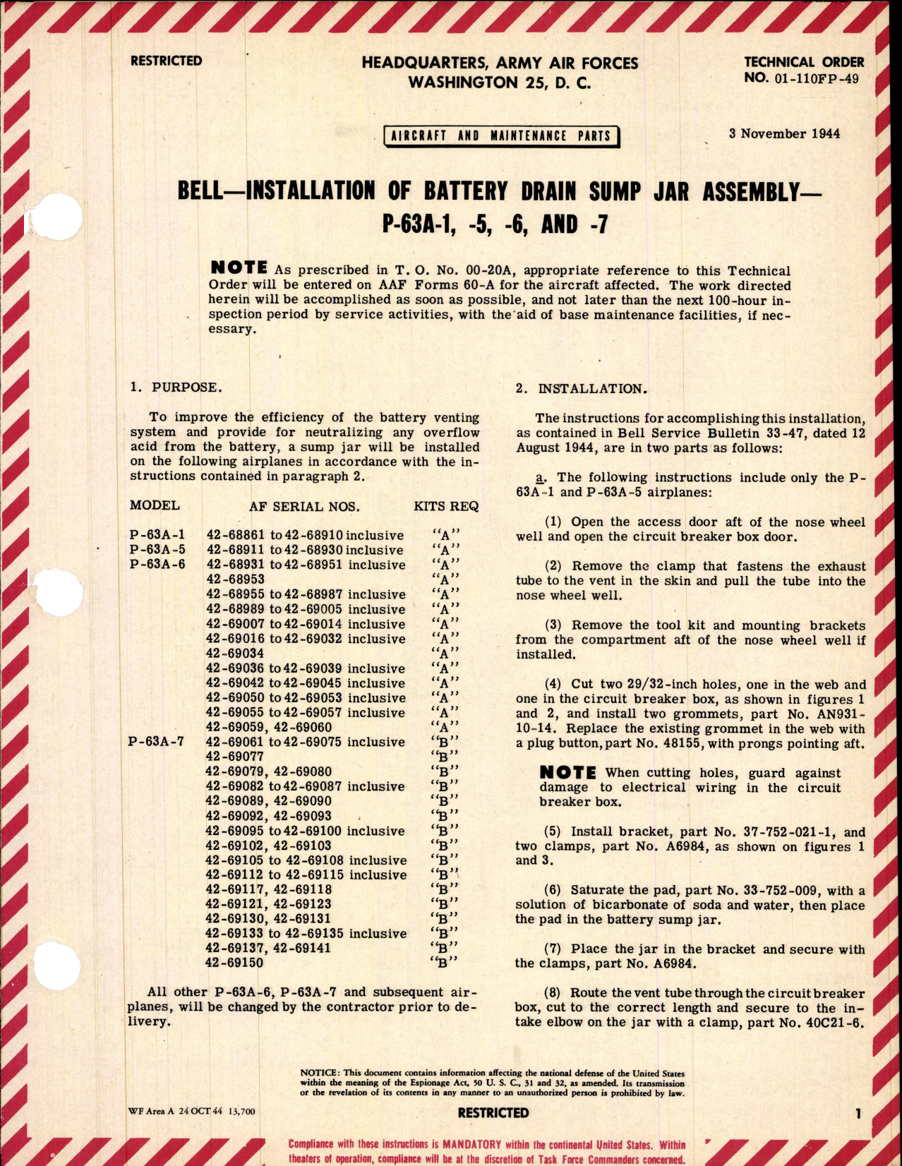 Sample page 1 from AirCorps Library document: Installation of Battery Drain Sump Jar Assembly for P-63A