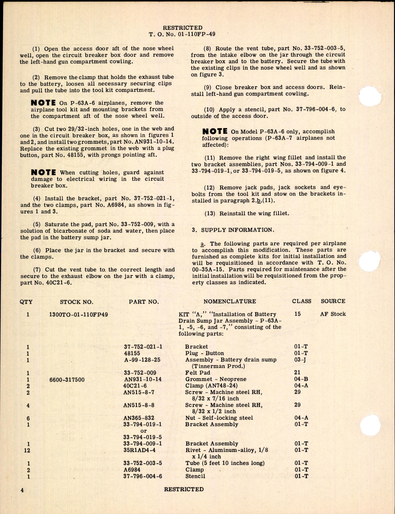 Sample page 4 from AirCorps Library document: Installation of Battery Drain Sump Jar Assembly for P-63A