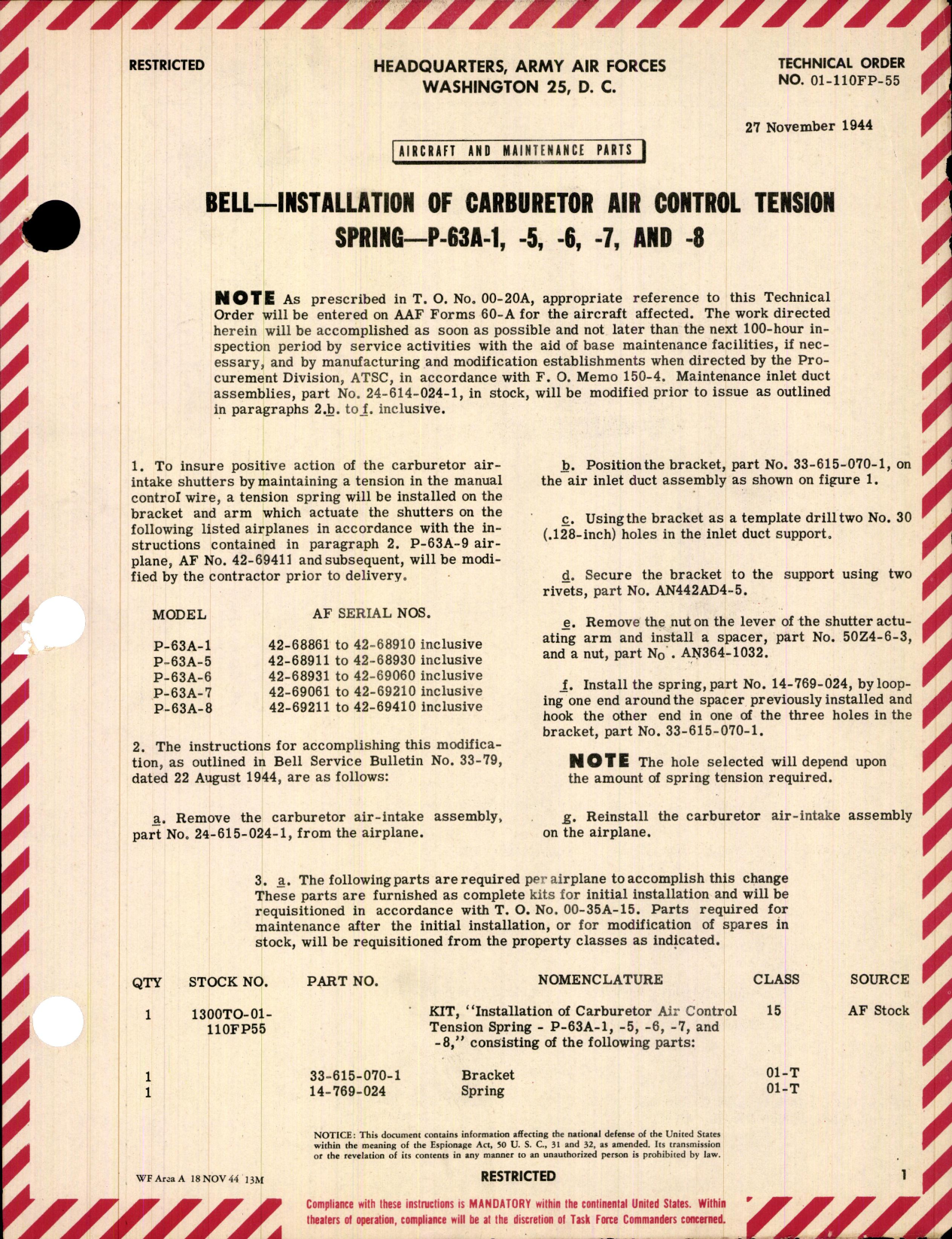 Sample page 1 from AirCorps Library document: Installation of Carburetor Air Control Tension Spring