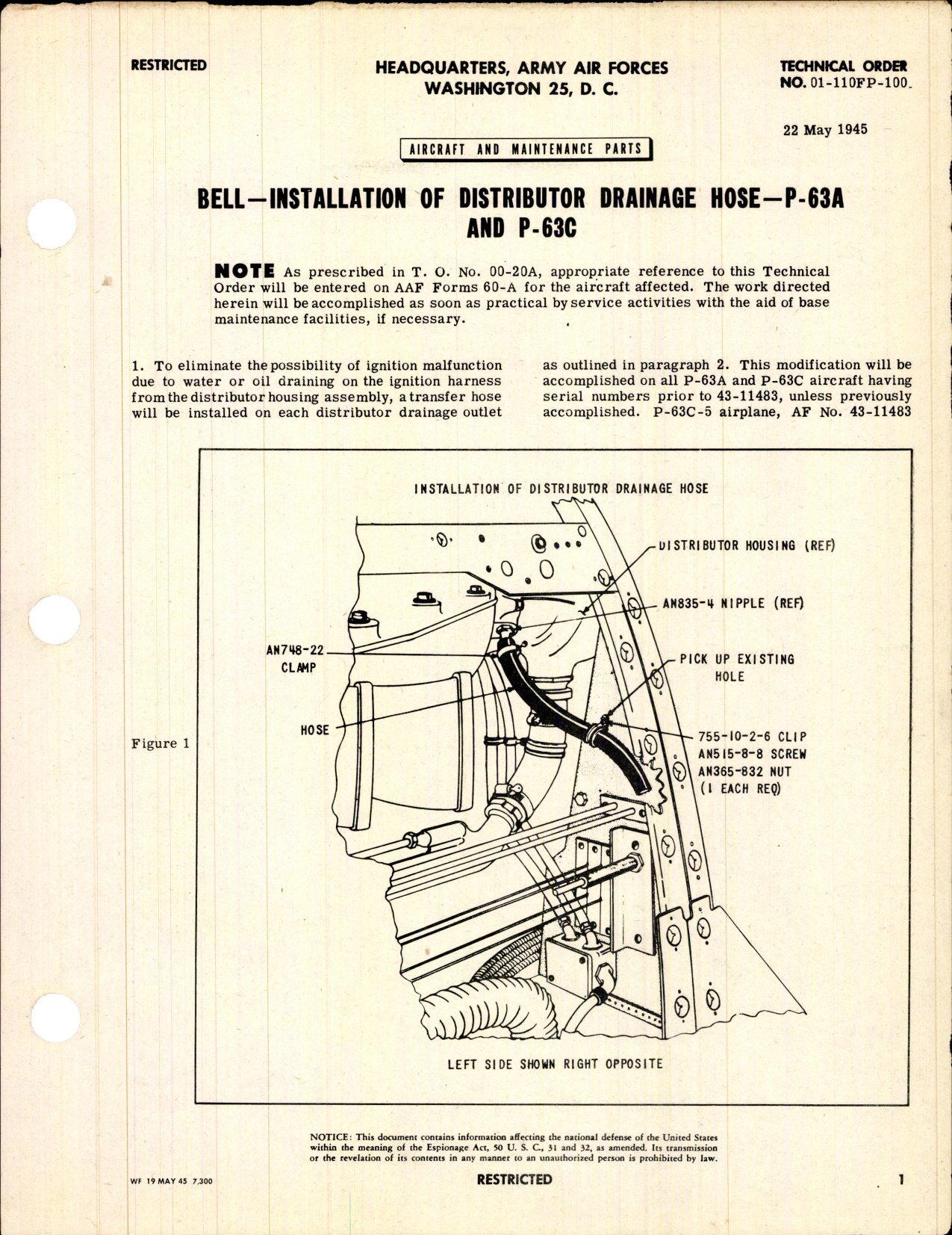 Sample page 1 from AirCorps Library document: Installation of Distributor Drainage Hose for P-63