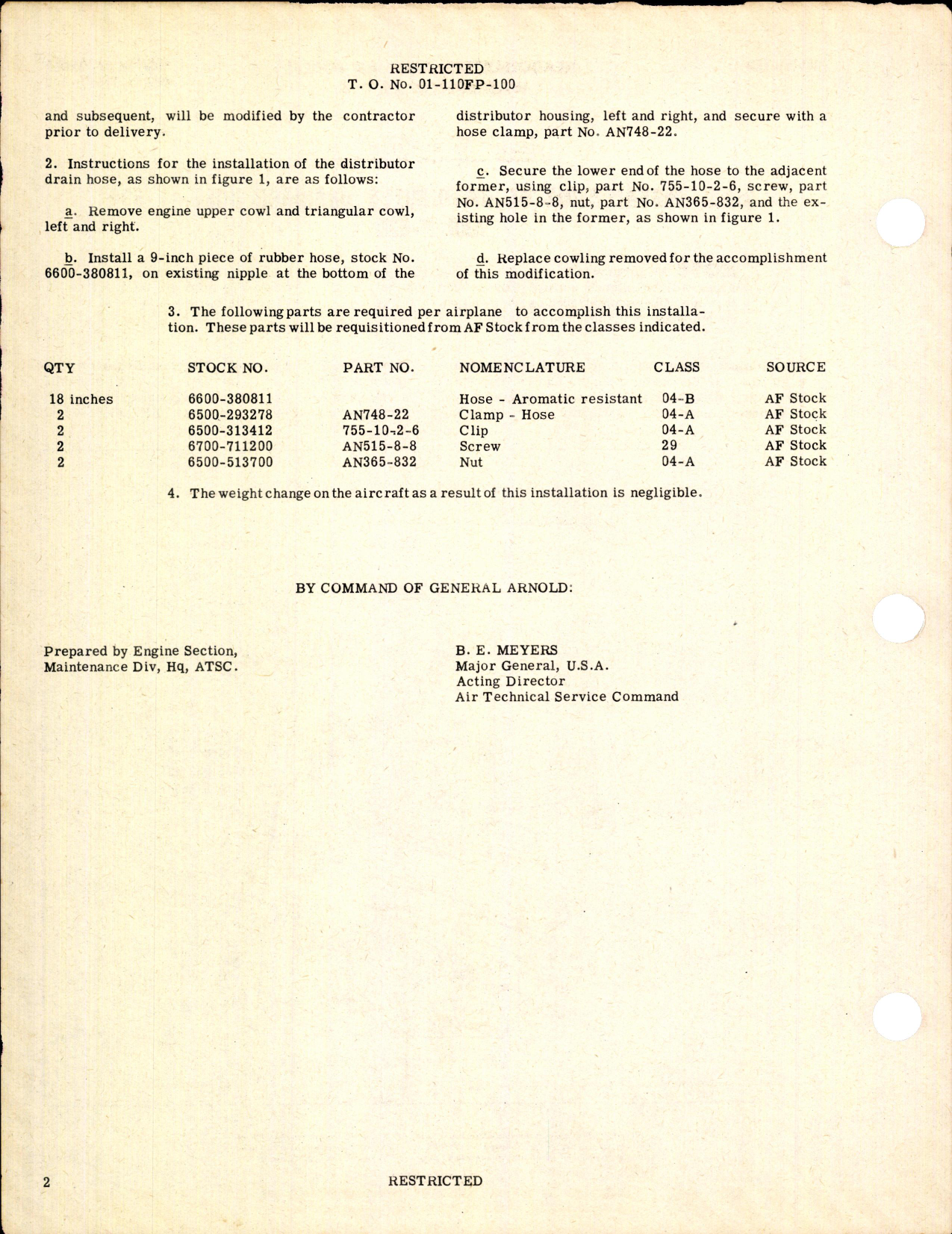 Sample page 2 from AirCorps Library document: Installation of Distributor Drainage Hose for P-63