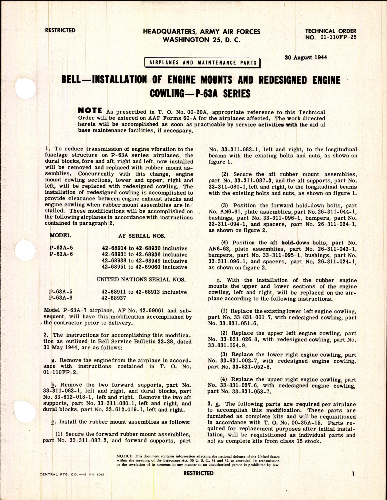 Sample page 1 from AirCorps Library document: Installation of Engine Mounts & Redesigned Engine Cowling