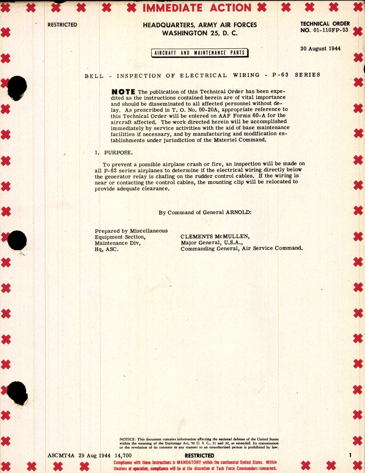 Sample page 1 from AirCorps Library document: Inspection of Electrical Wiring for P-63 Series