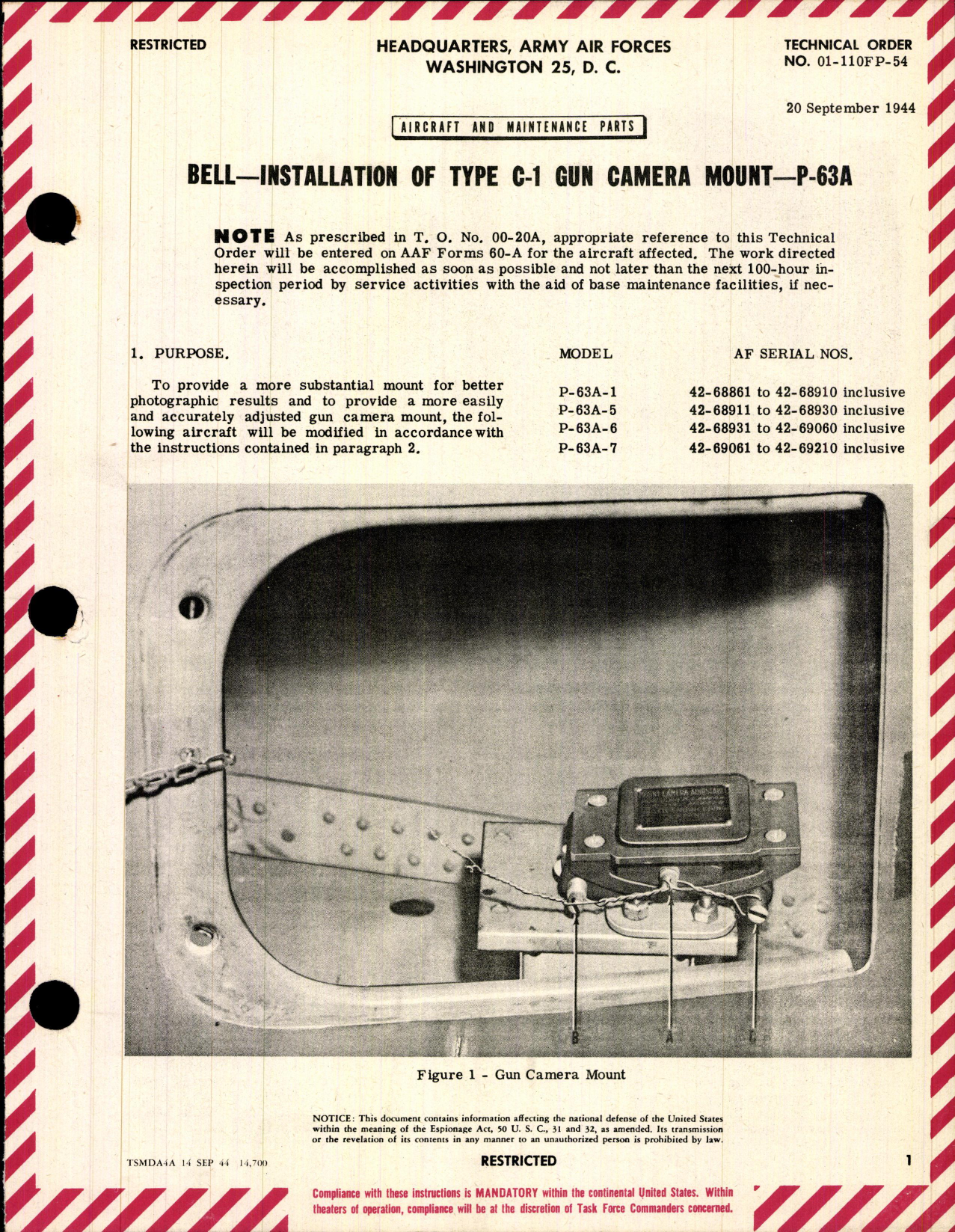 Sample page 1 from AirCorps Library document: Installation of Type C-1 Gun Camera Mount for P-63A