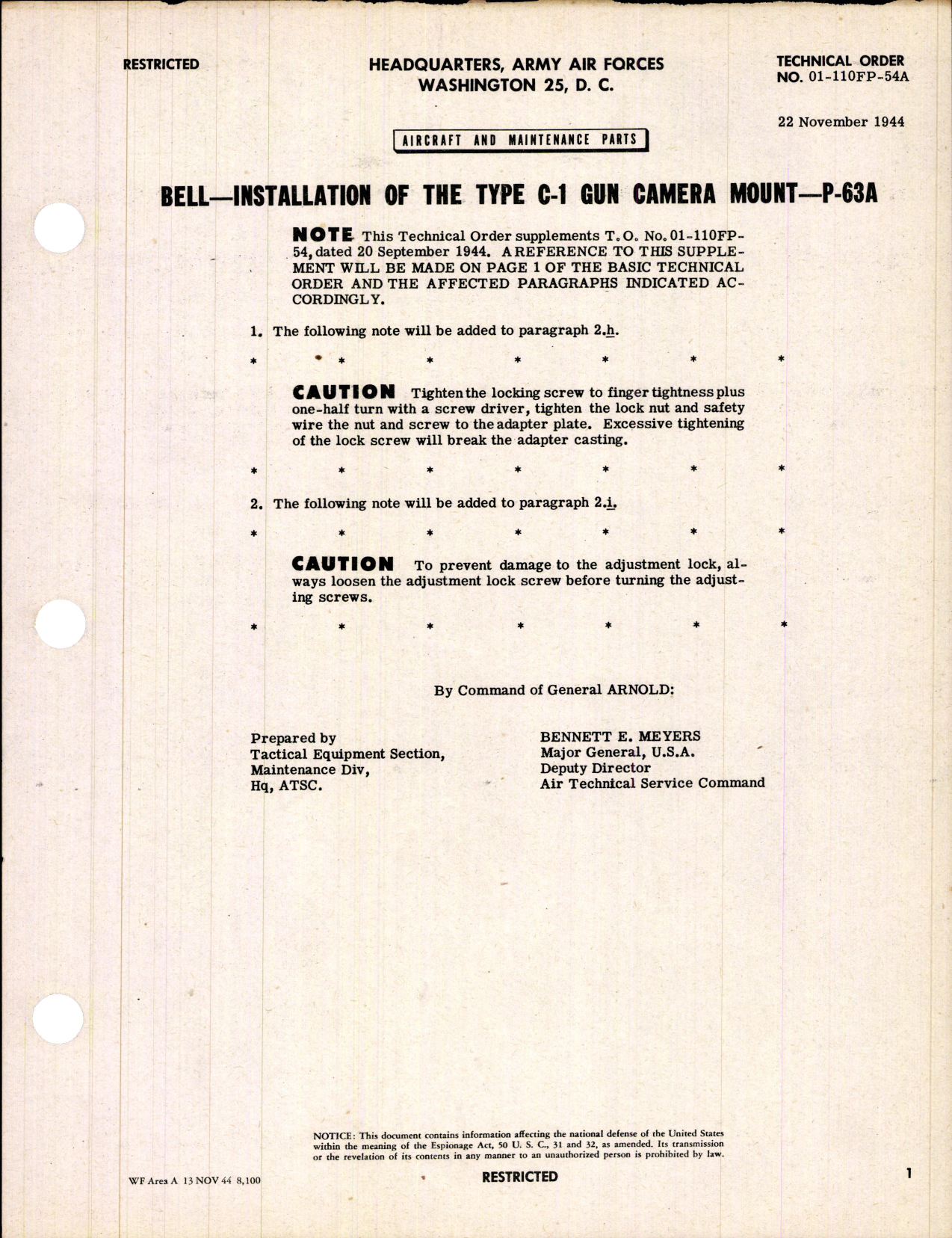 Sample page 1 from AirCorps Library document: Installation of the Type C-1 Gun Camera Mount for P-63A