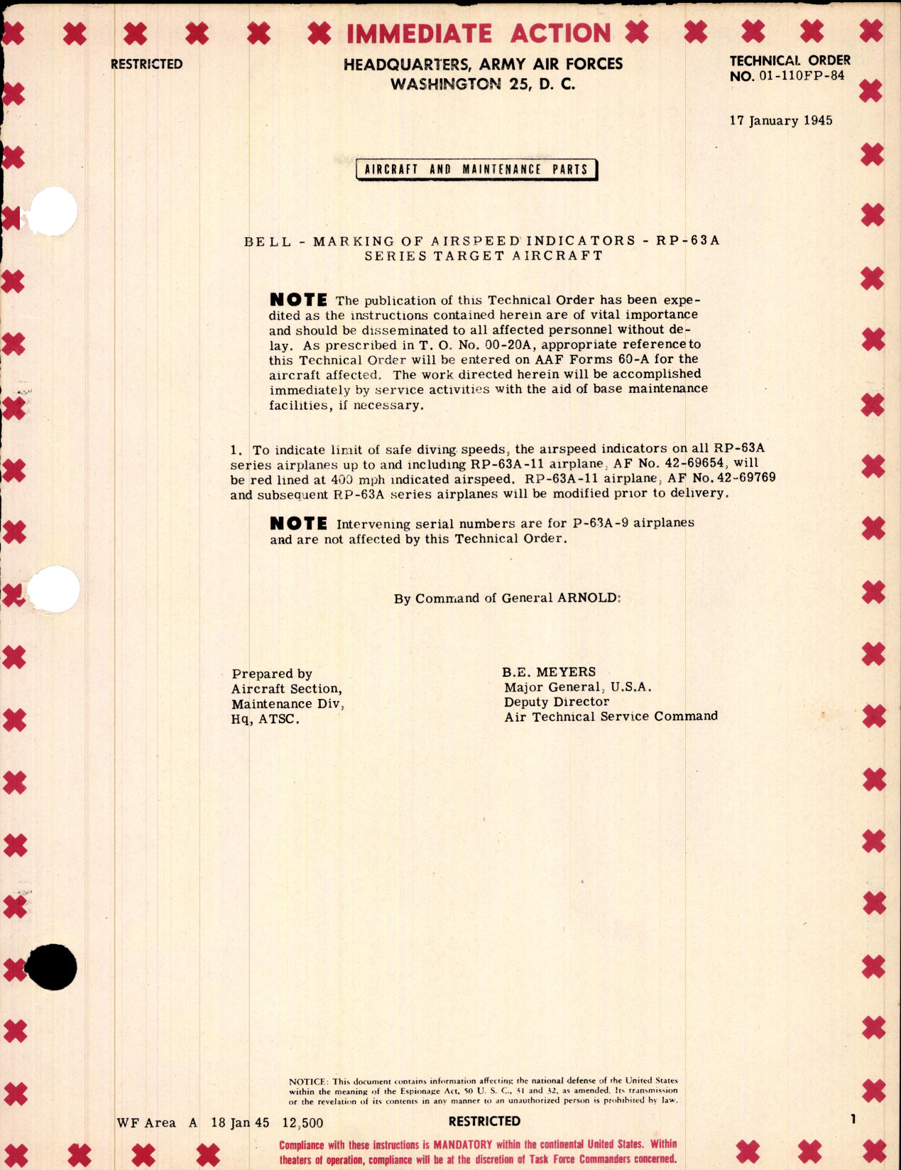 Sample page 1 from AirCorps Library document: Marking of Airspeed Indicators for RP-63A