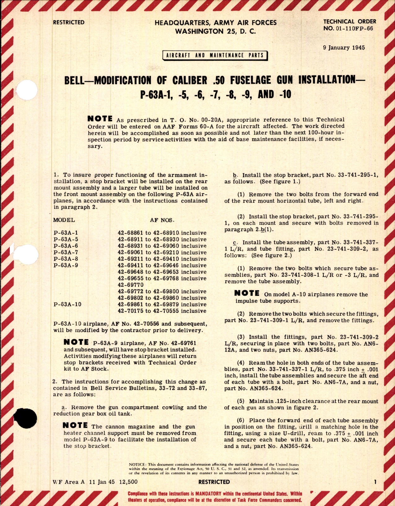 Sample page 1 from AirCorps Library document: Modification of Caliber .50 Fuselage Gun Installation