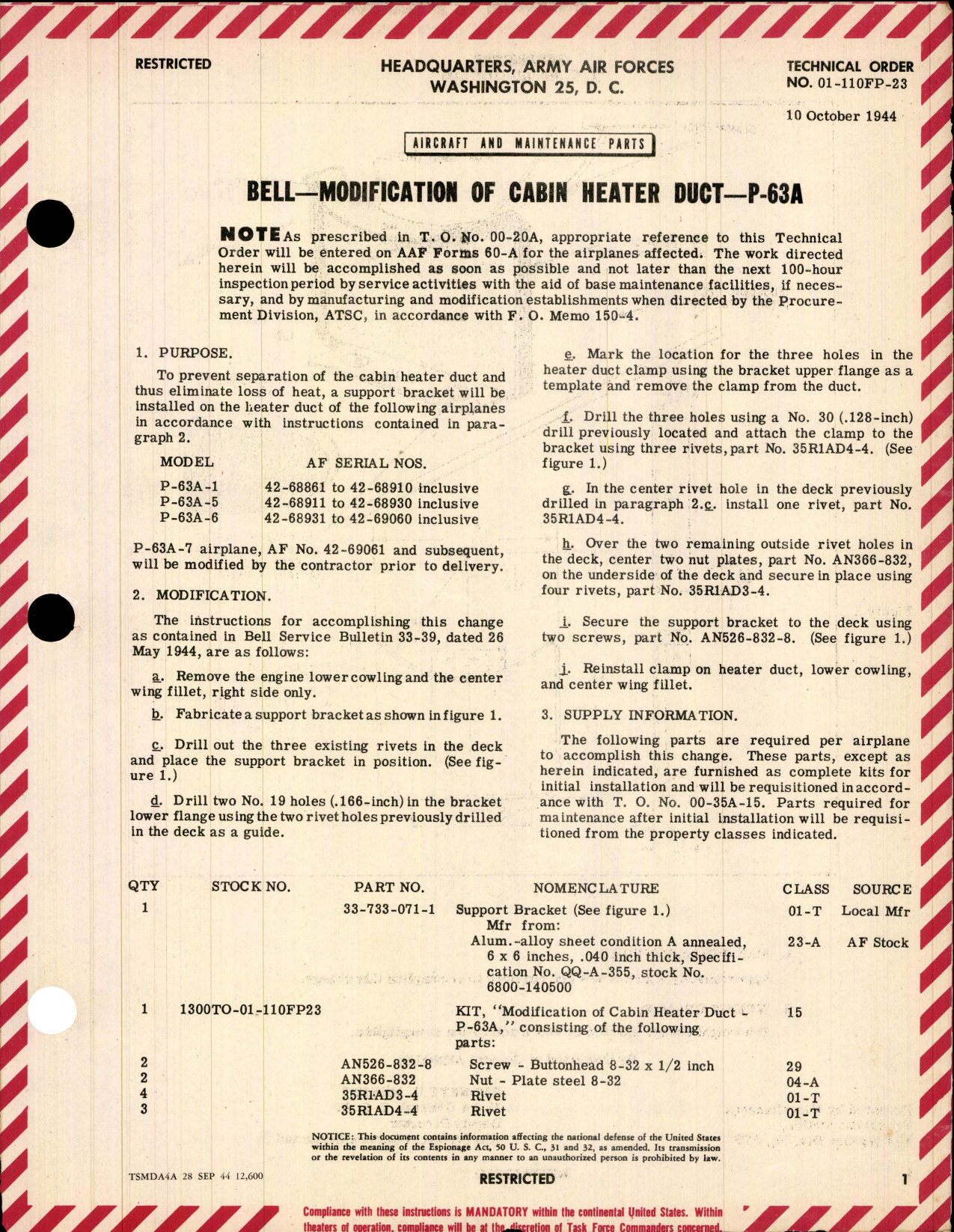 Sample page 1 from AirCorps Library document: Modification of Cabin Heater Duct for P-63A