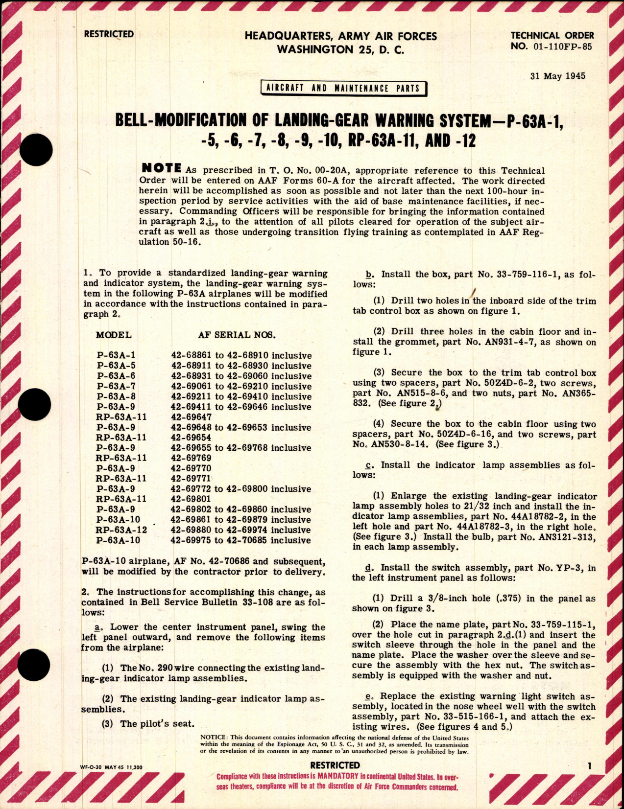Sample page 1 from AirCorps Library document: Modification of Landing Gear Warning System for P-63A