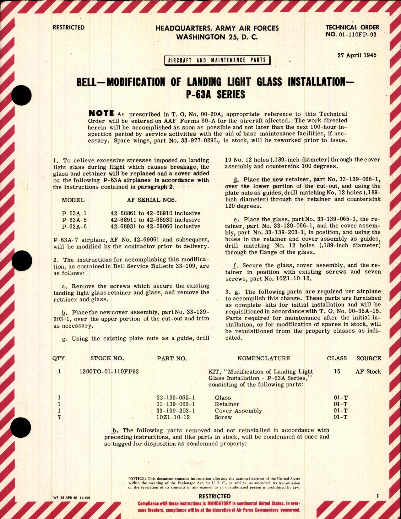 Sample page 1 from AirCorps Library document: Modification of Landing Light Glass Installation
